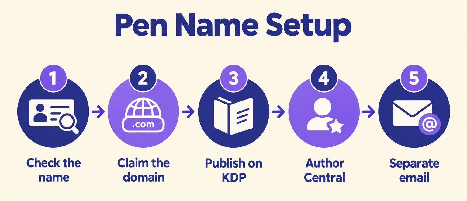 Five-step pen name setup: check the name, claim the domain, publish on KDP, set up Author Central, use a separate email