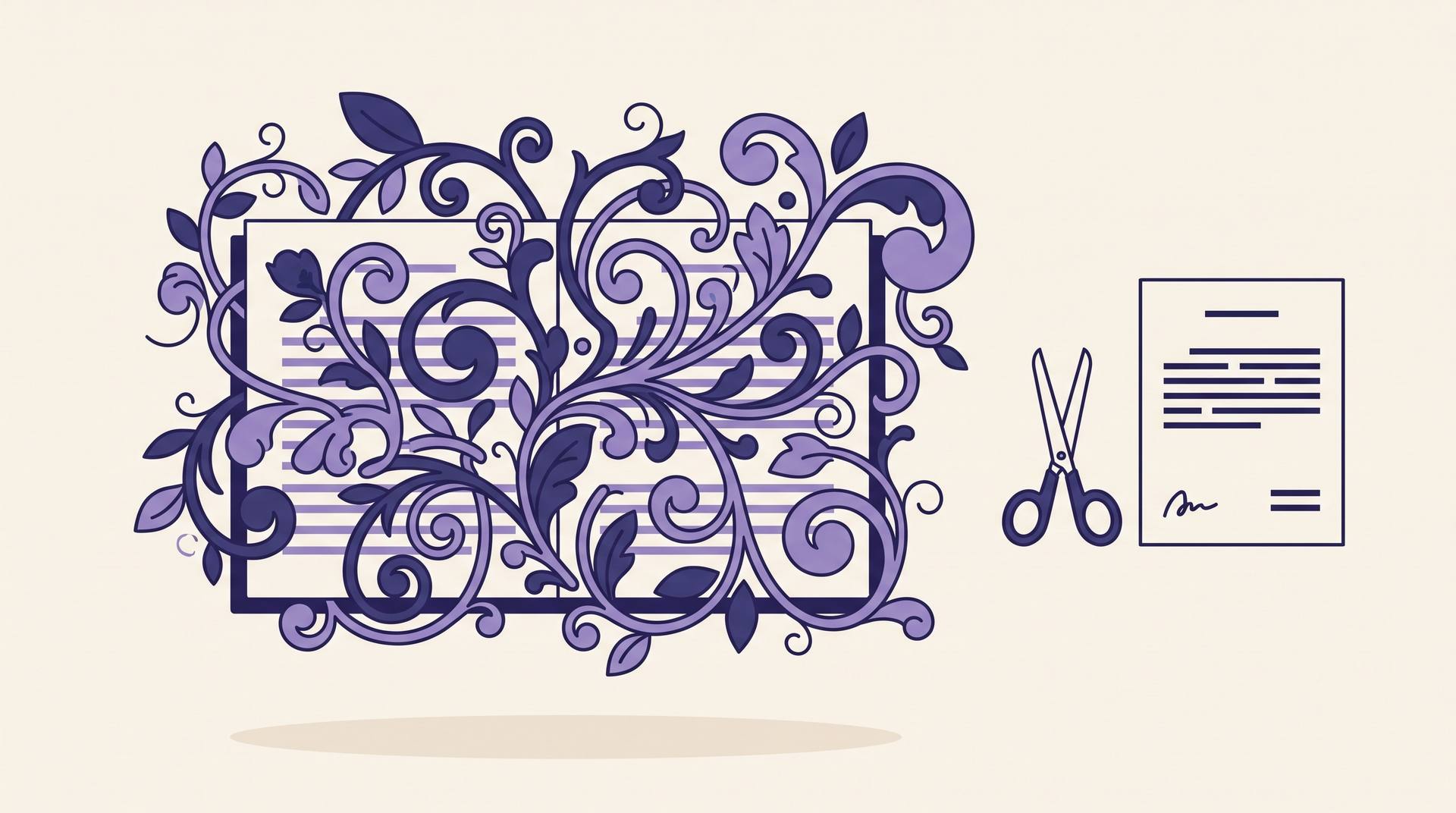 A manuscript page overgrown with ornate purple vines beside a pair of scissors and a clean, bare page