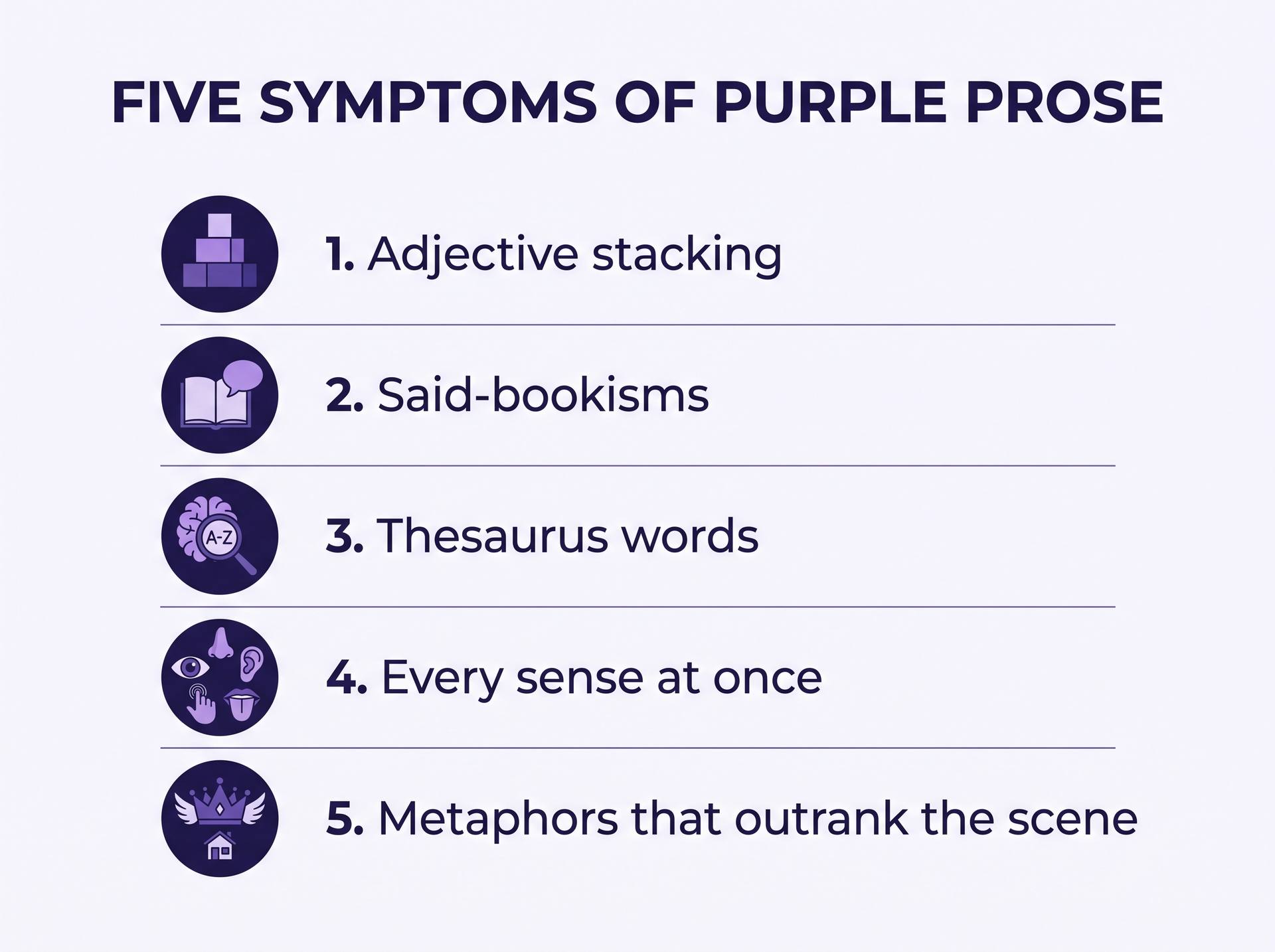 Infographic listing five symptoms of purple prose: adjective stacking, said-bookisms, thesaurus words, every sense at once, and metaphors that outrank the scene