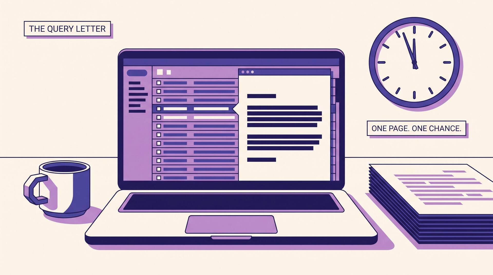 Illustration of a literary agent's desk with an inbox of queries open on a laptop beside a clock and a stack of manuscript pages