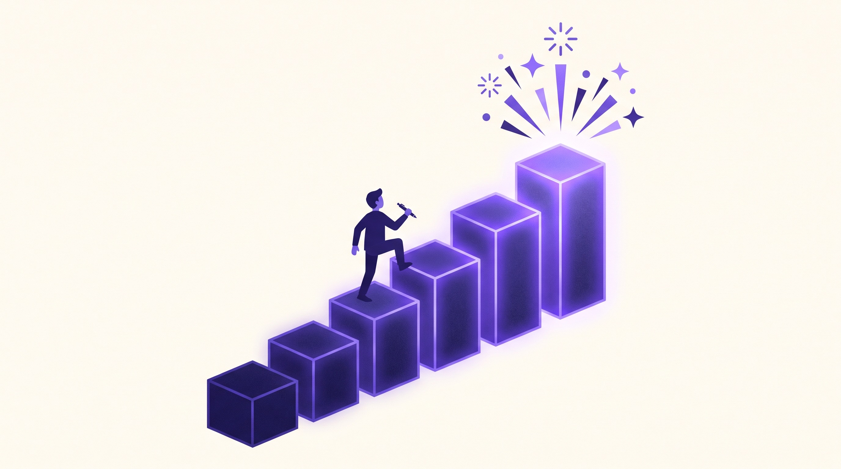 Illustration of a writer climbing five ascending steps toward a burst of light, representing escalating story tension