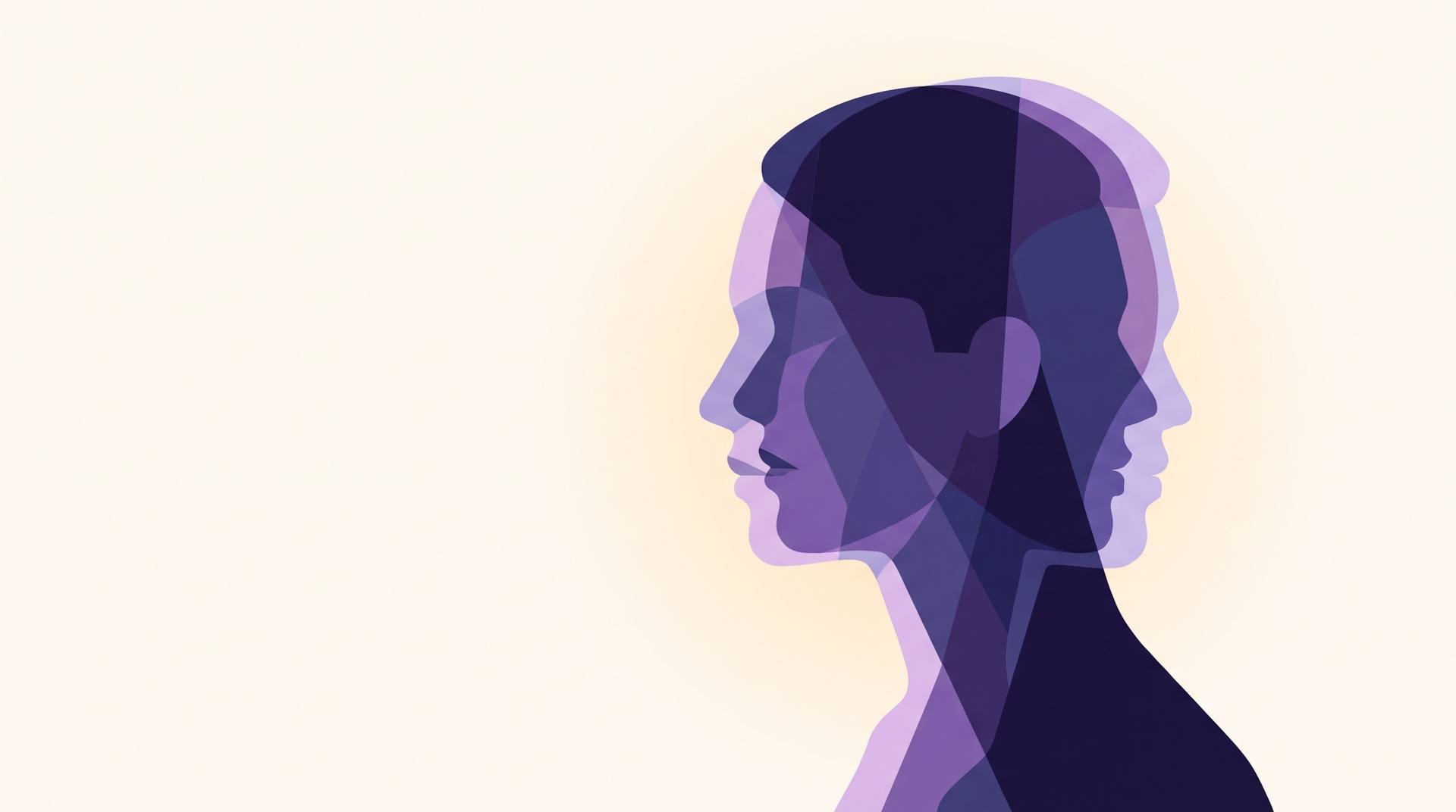 A portrait built from many overlapping translucent indigo and violet layers, each layer a slightly different face