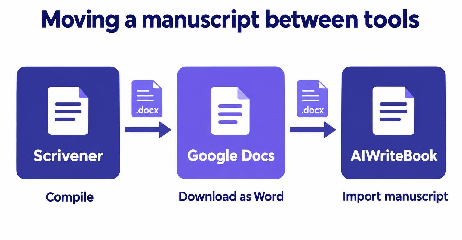 Diagram of a manuscript moving from Scrivener to Google Docs to AIWriteBook as a .docx file at each step