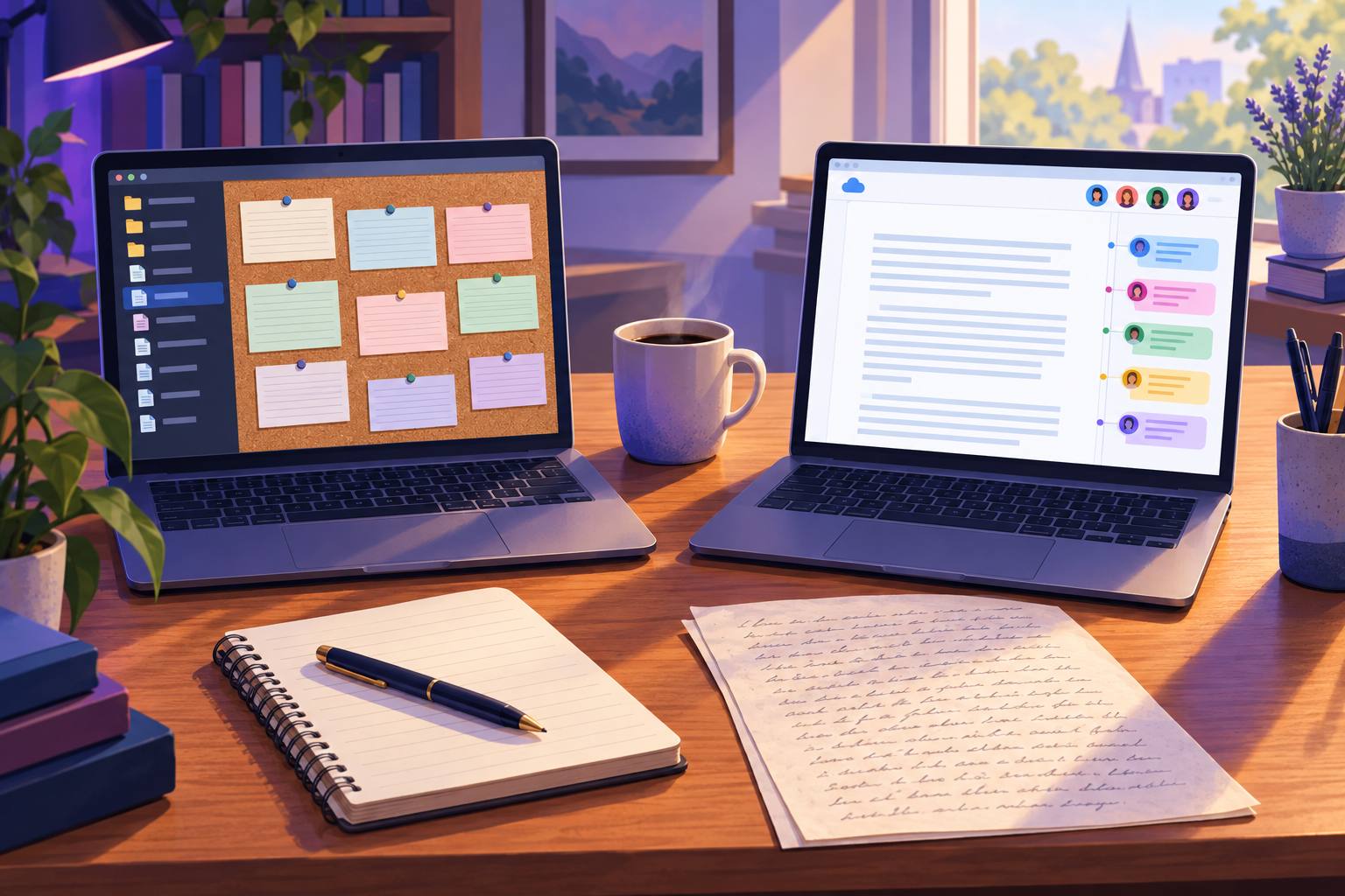 Two laptops on a writer's desk, one showing a binder-and-corkboard writing app, the other a cloud document covered in reader comments