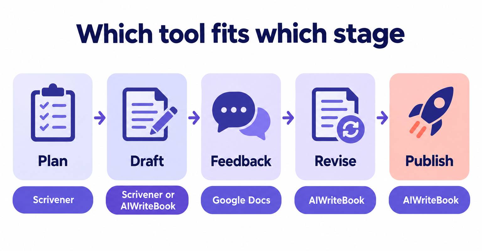 Infographic: plan in Scrivener, draft in Scrivener or AIWriteBook, collect feedback in Google Docs, revise and publish in AIWriteBook