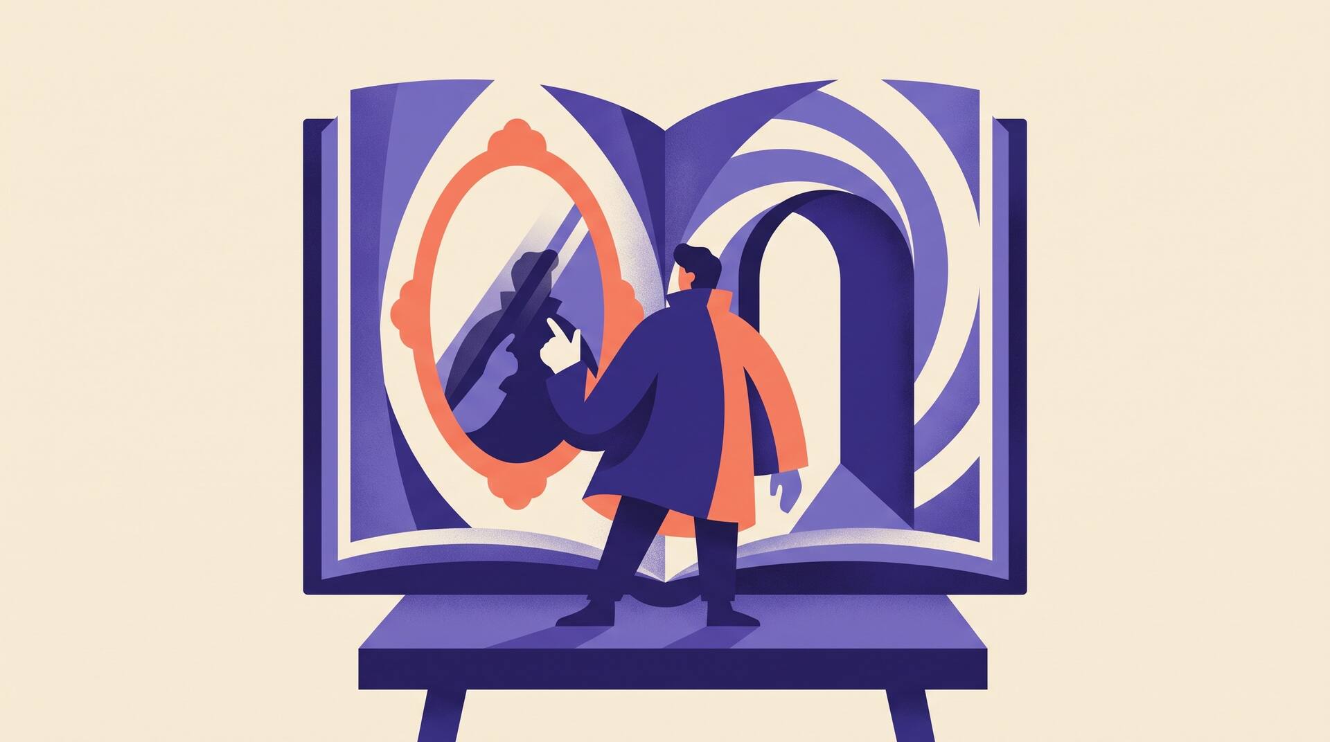 A reader stepping into an open book and meeting their own reflection in a mirror, illustrating second person point of view