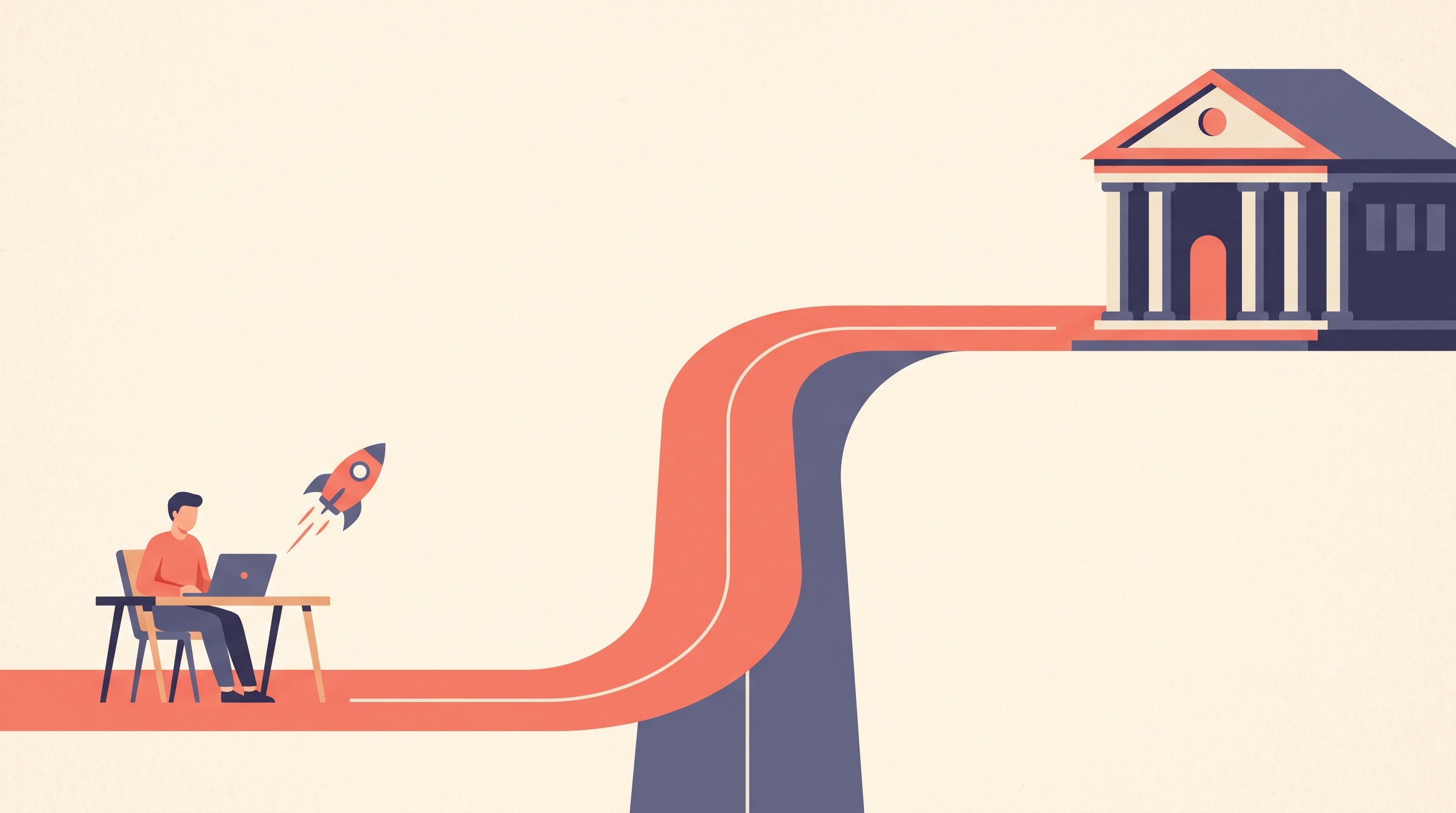 Illustration of a forking road with one path leading to an independent author with a rocket and the other to a traditional publishing house