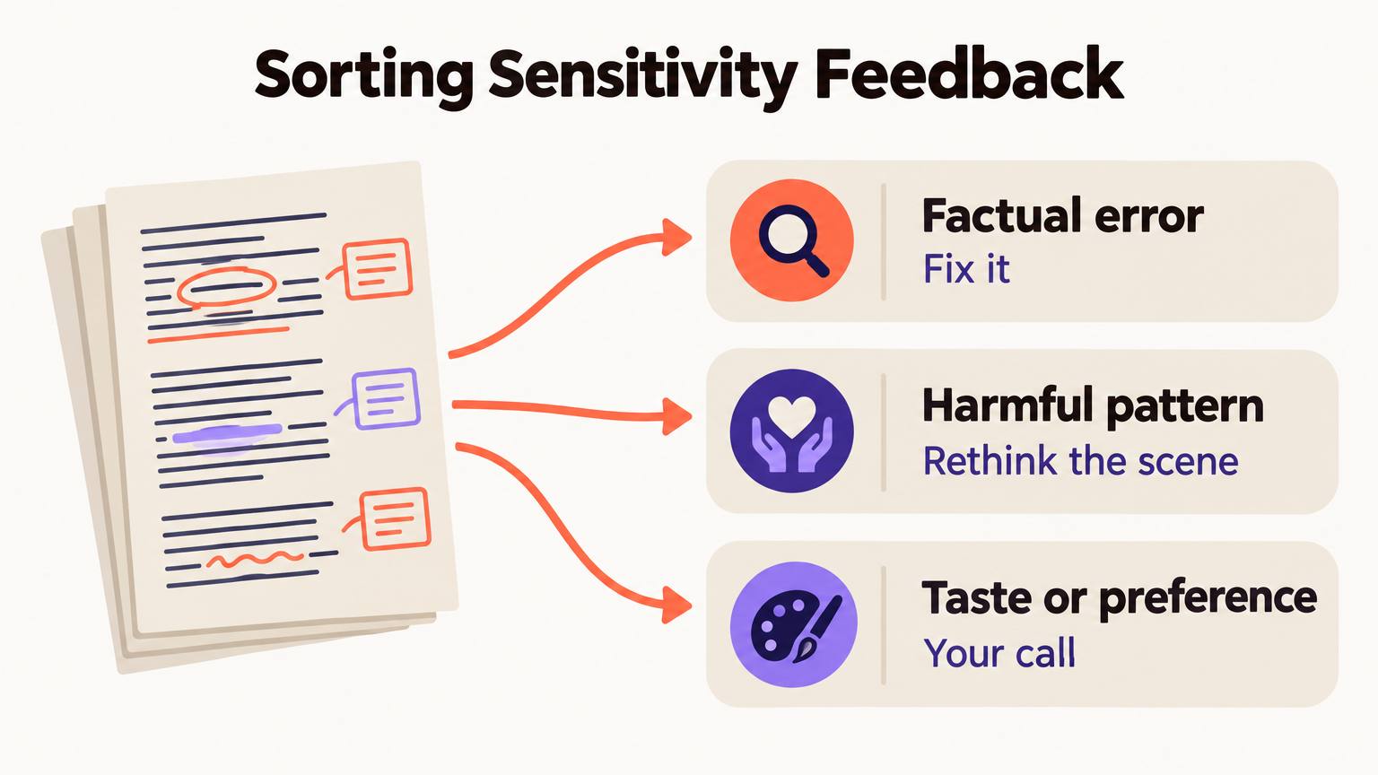 Sorting sensitivity feedback into three bins: factual error means fix it, harmful pattern means rethink the scene, taste or preference means your call
