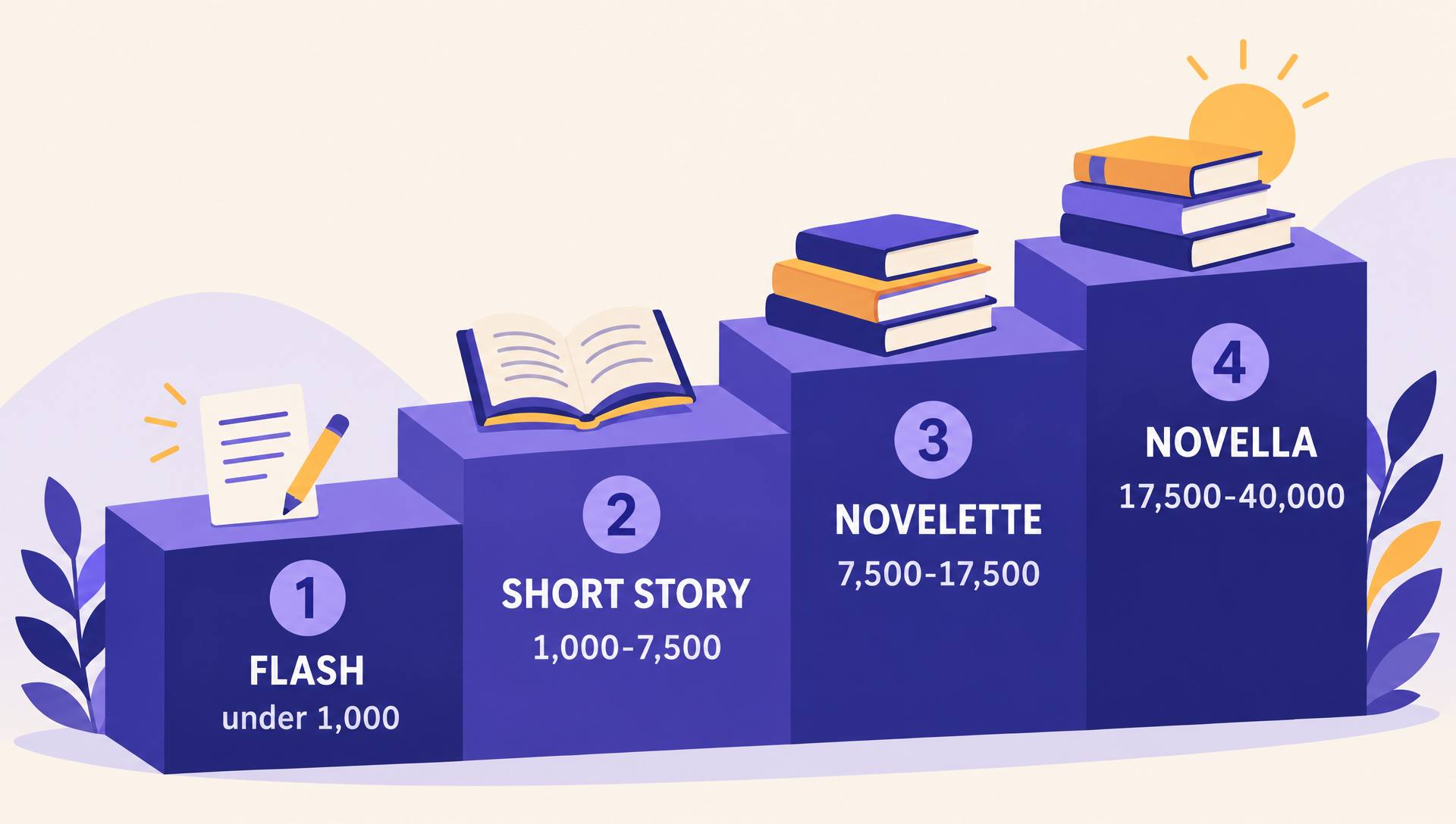 Length ladder of short fiction: flash under 1,000 words, short story 1,000 to 7,500, novelette 7,500 to 17,500, novella 17,500 to 40,000