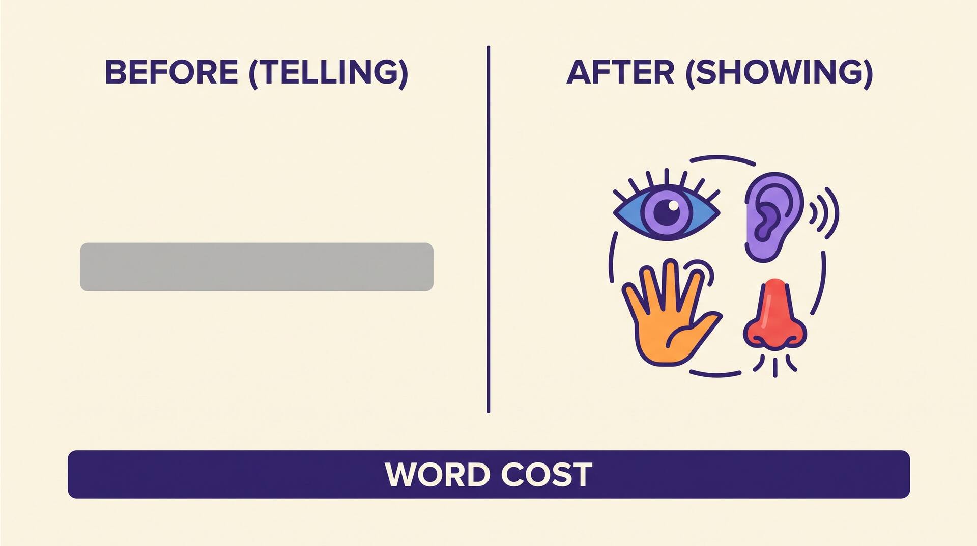 Infographic comparing a before column labelled telling against an after column labelled showing, with a bar underneath marked word cost