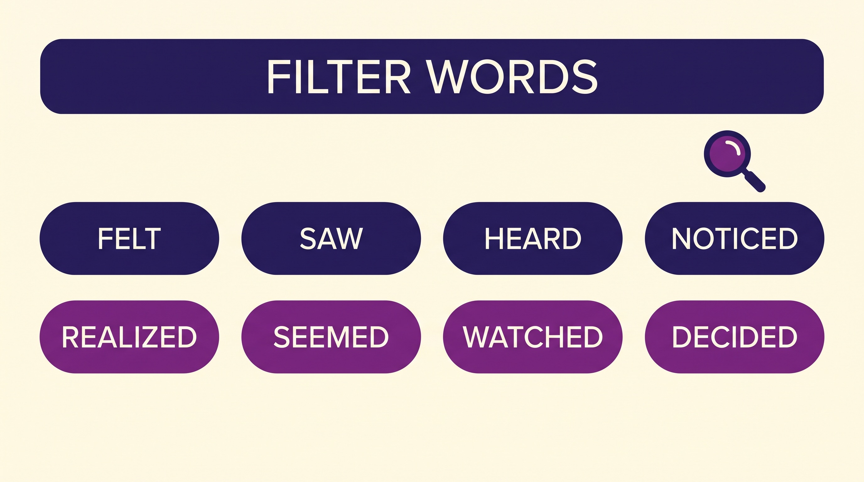 Infographic showing eight filter words as chips: felt, saw, heard, noticed, realized, seemed, watched and decided