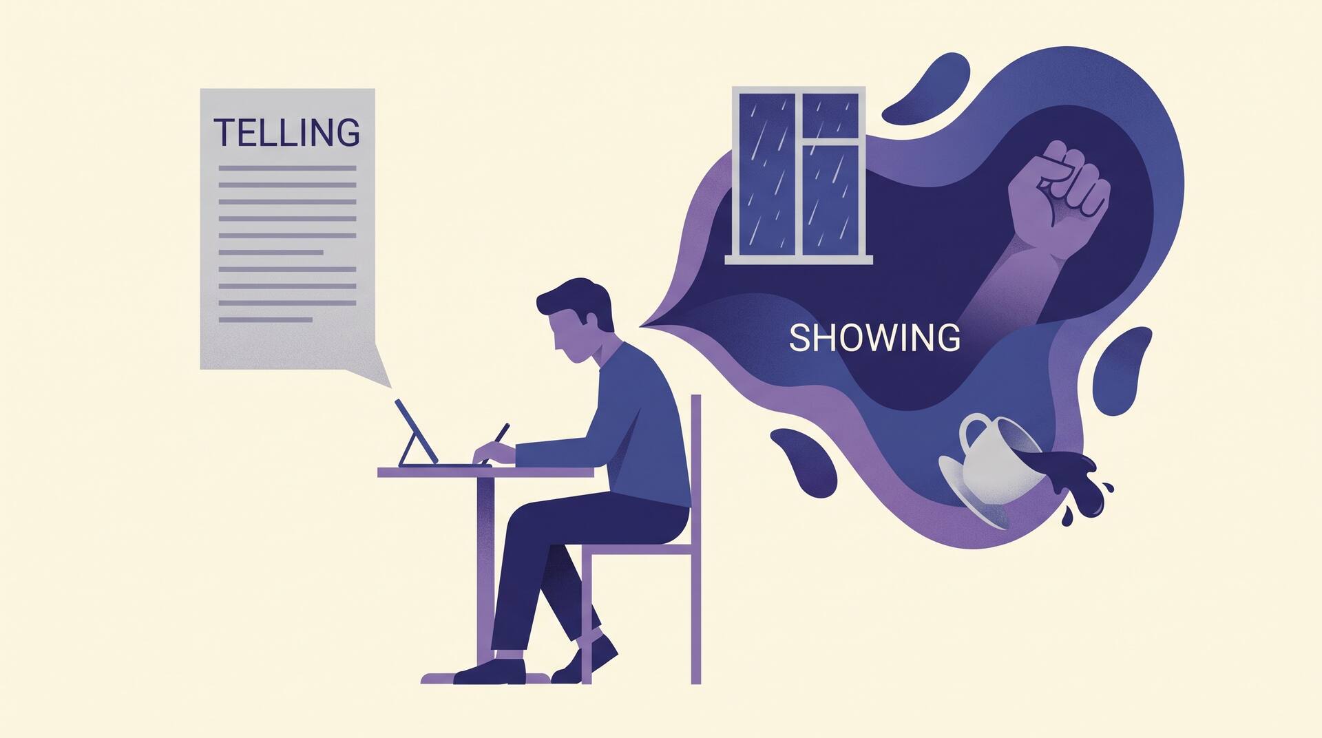 Illustration of a writer at a desk with a flat grey block of text labelled telling on one side and a vivid rain-streaked scene labelled showing on the other
