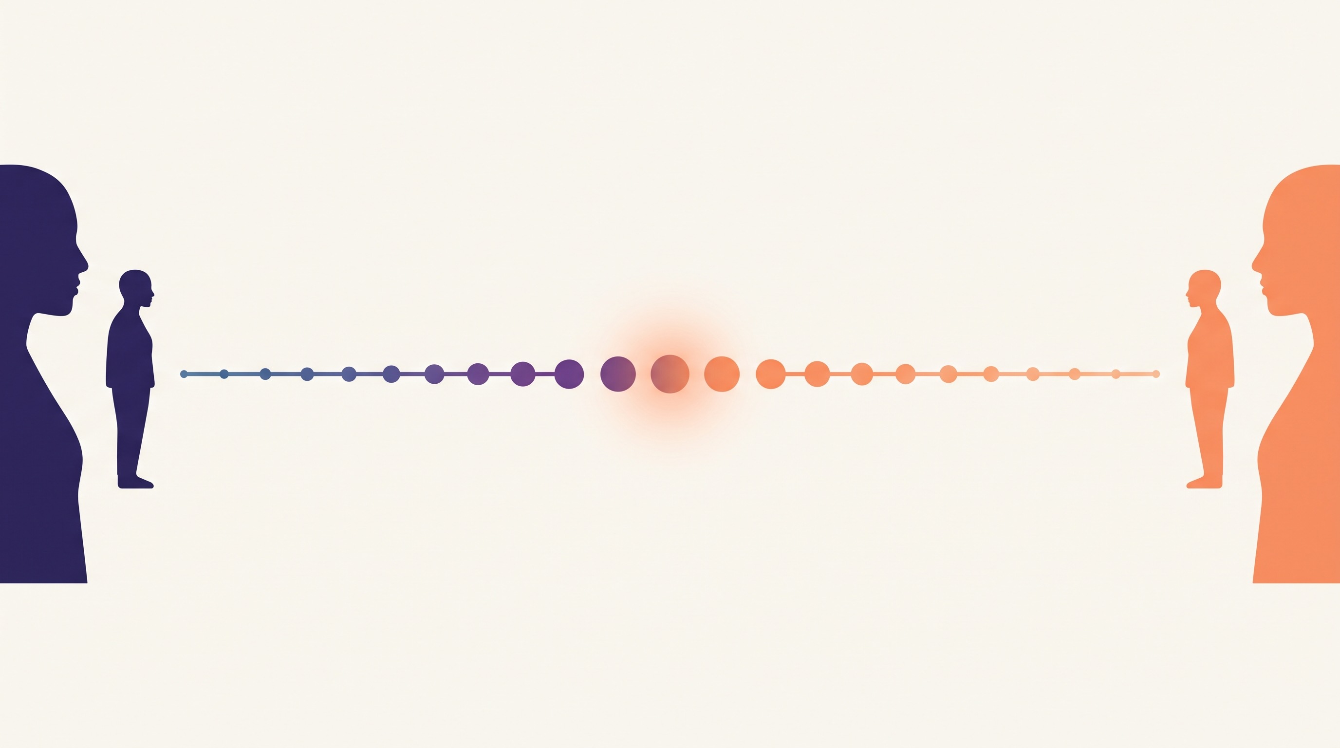 Two figures at opposite ends of a glowing timeline, with embers growing brighter toward the centre