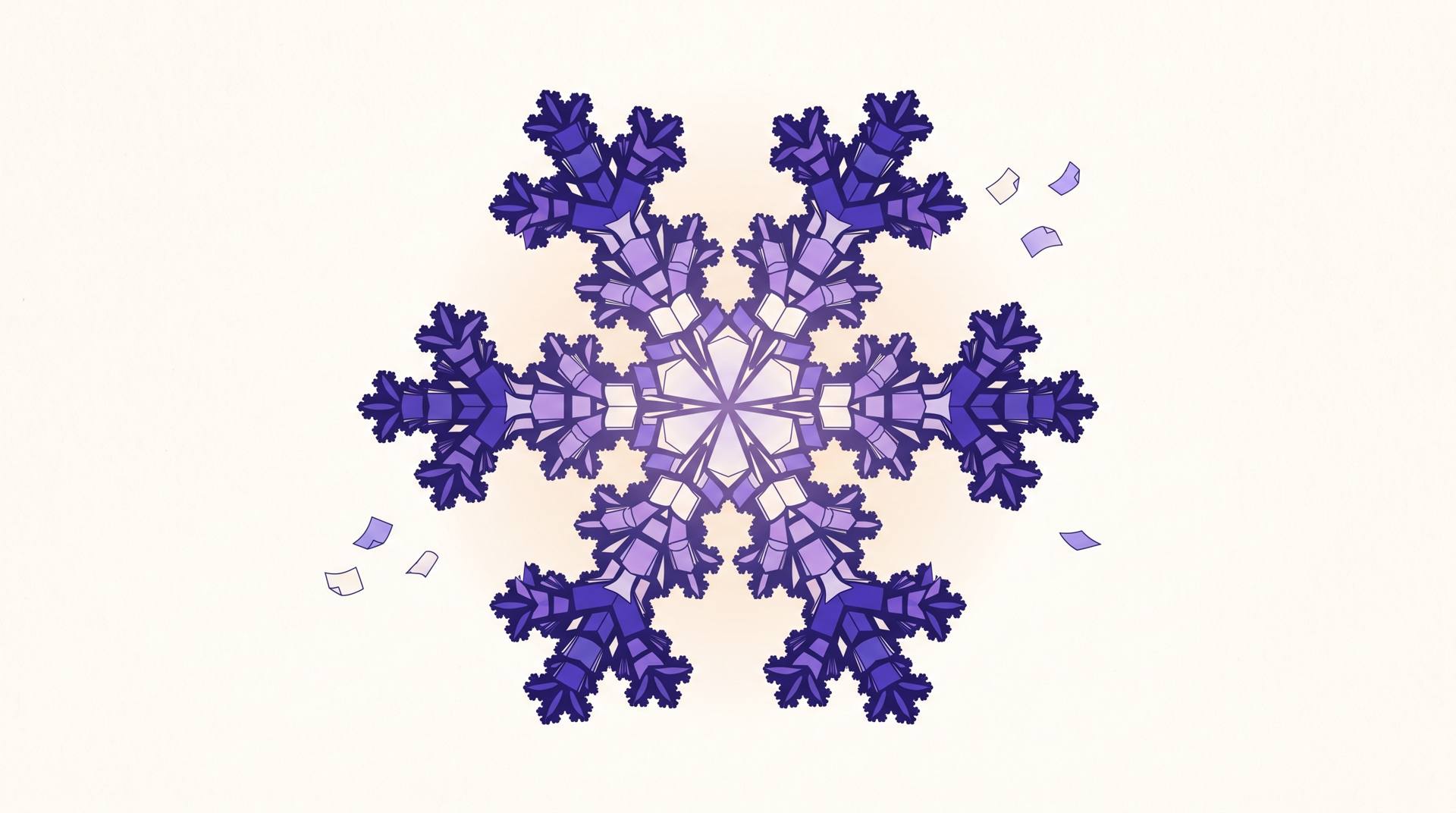 A fractal snowflake built from tiny book pages, in indigo and violet