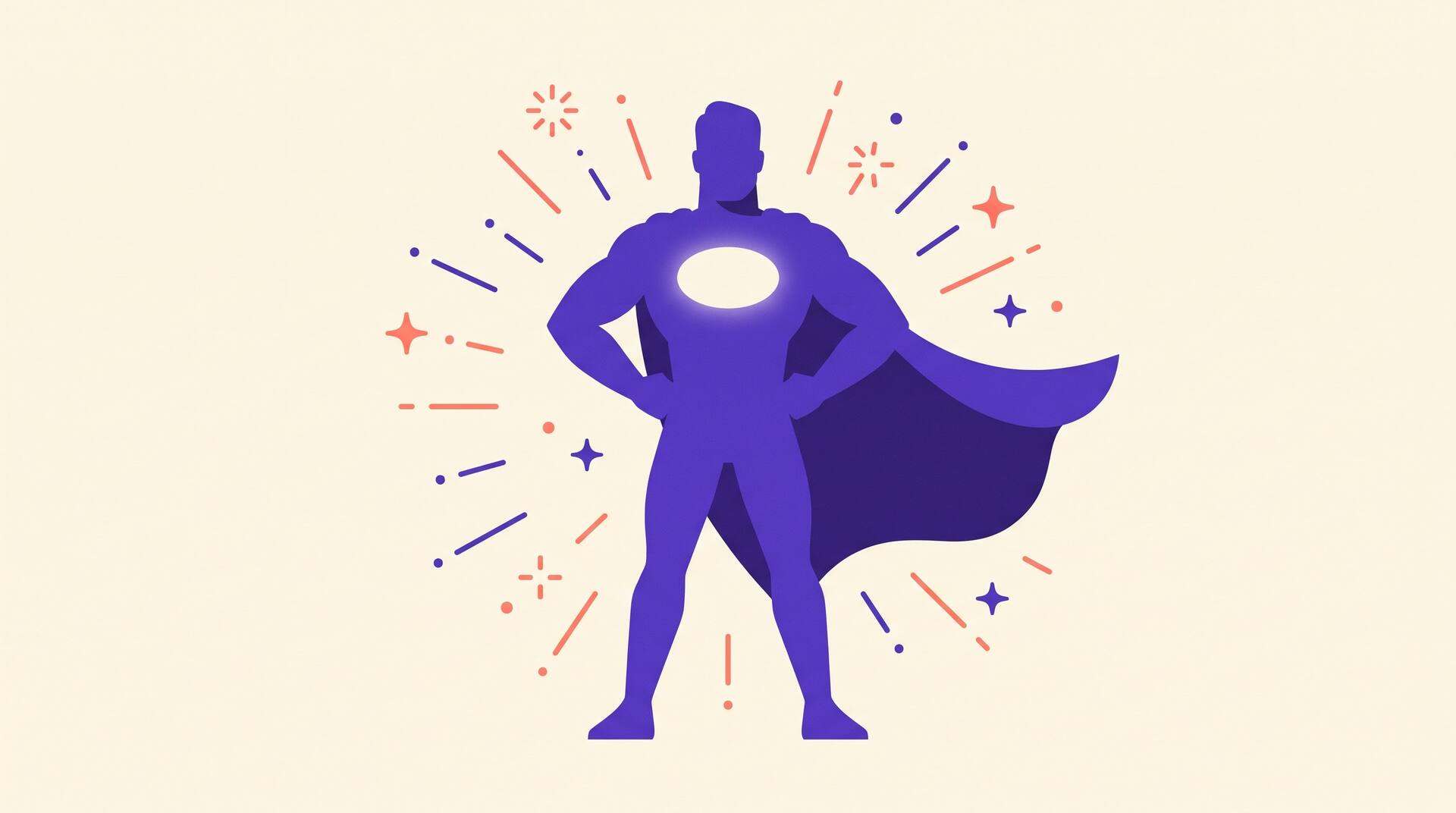 Illustration of a caped superhero silhouette with a glowing blank chest emblem surrounded by sparks, representing a hero being named