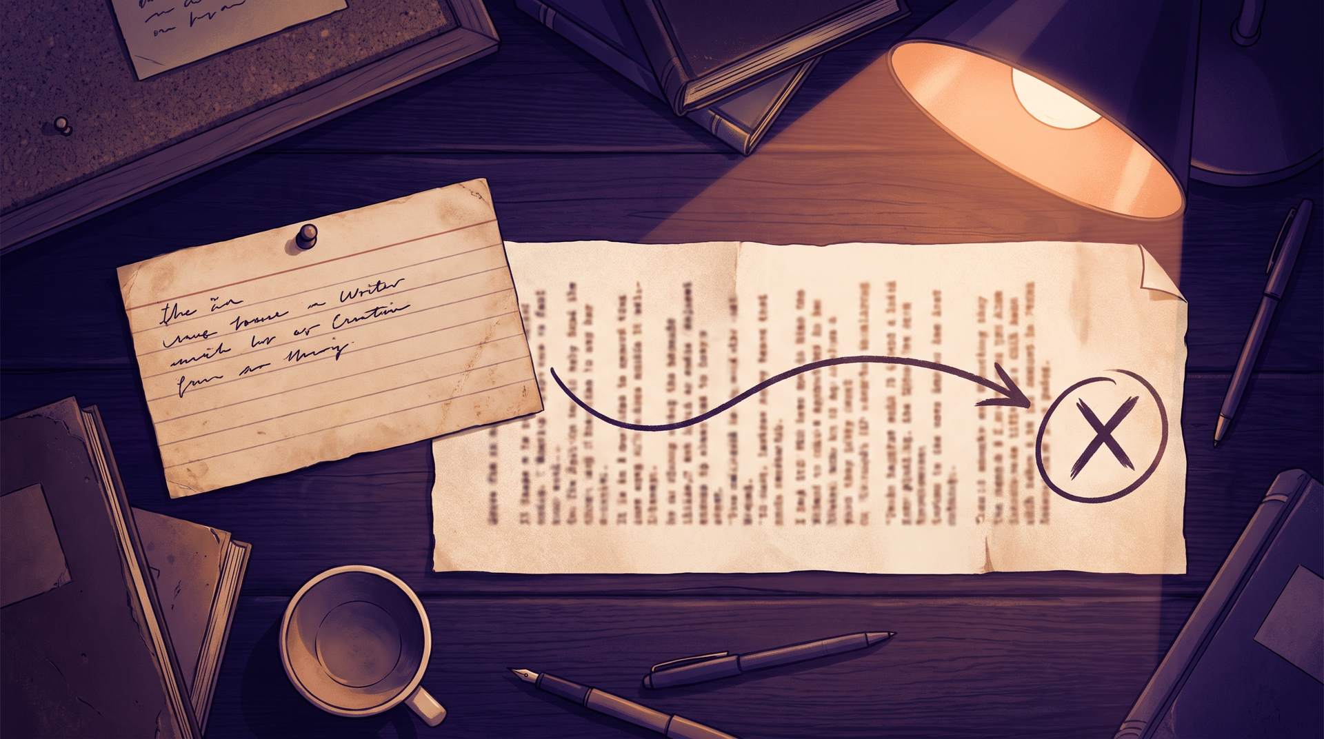 A writer's desk under a lamp with a short index card beside a longer typed page marked with a plot arc that ends at a circled point