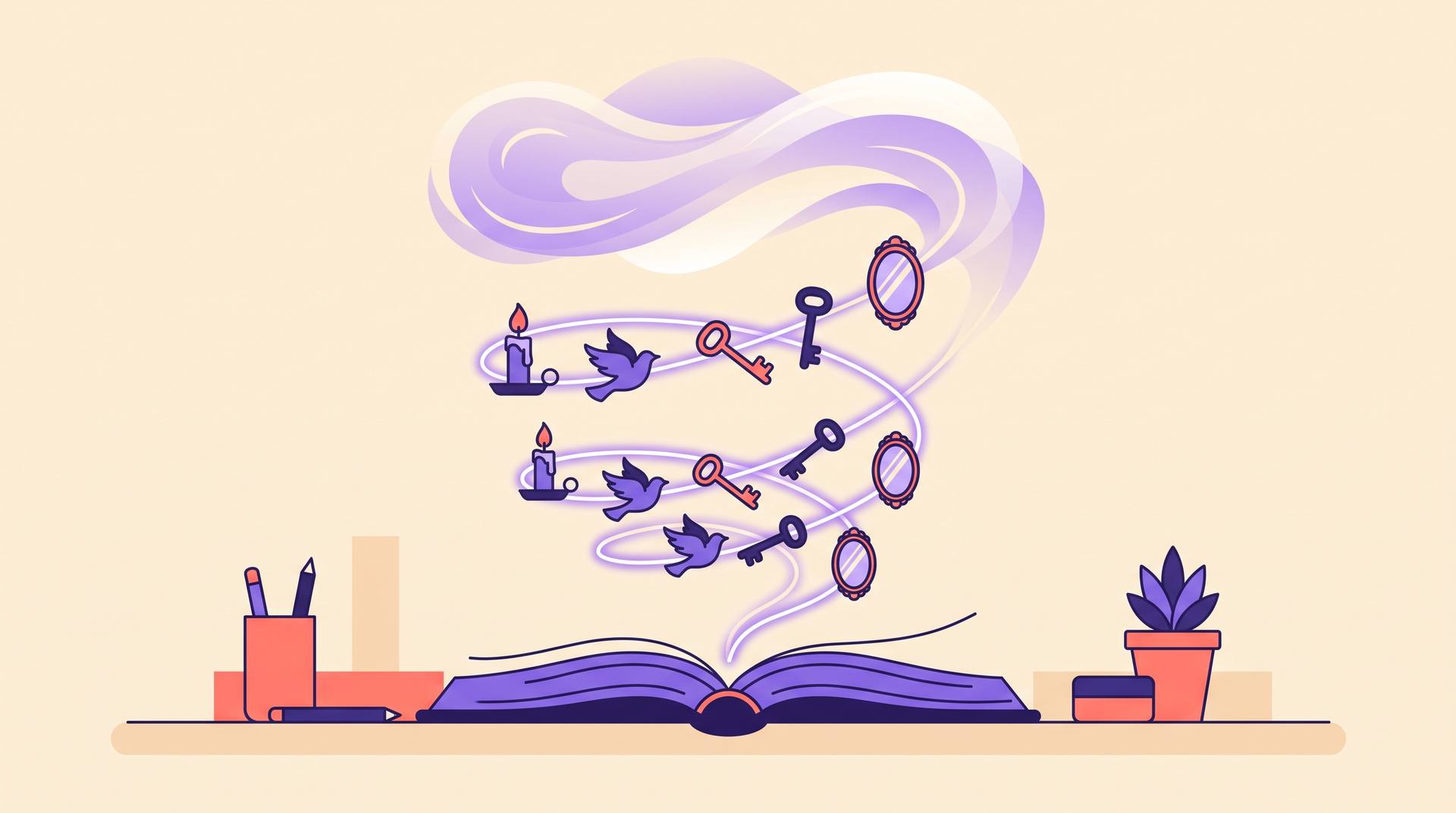 Small repeating objects such as candles, birds, keys and mirrors rise out of an open book, threaded by one glowing line into a single abstract shape