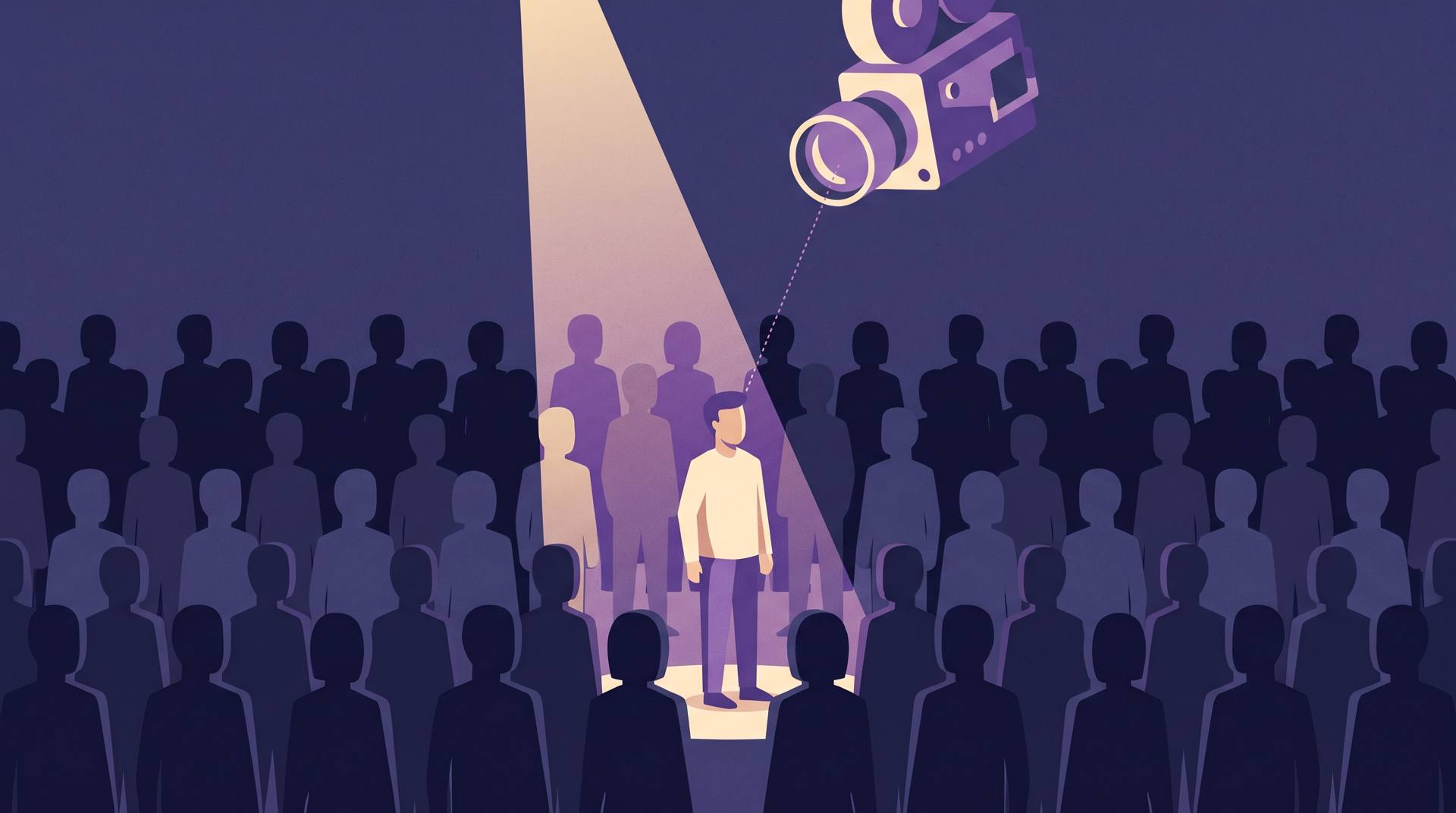 A single spotlight and a camera following one person through a crowd of shadowed figures, illustrating third person limited point of view