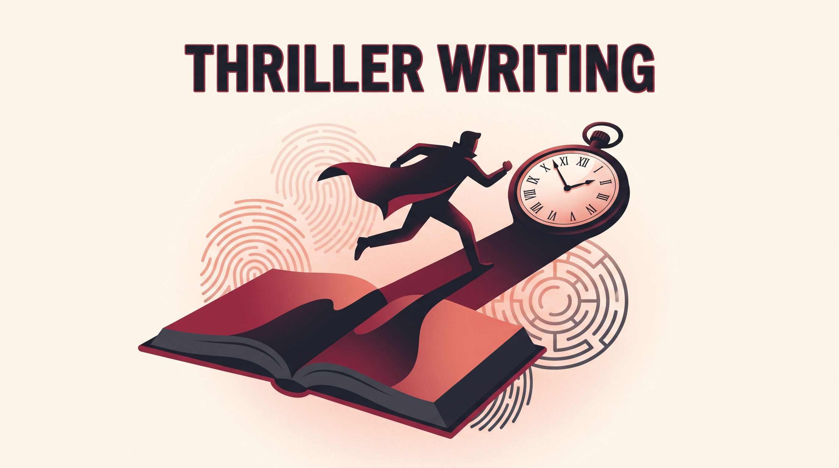 Thriller writing guide hero illustration with a running figure and a ticking pocket watch