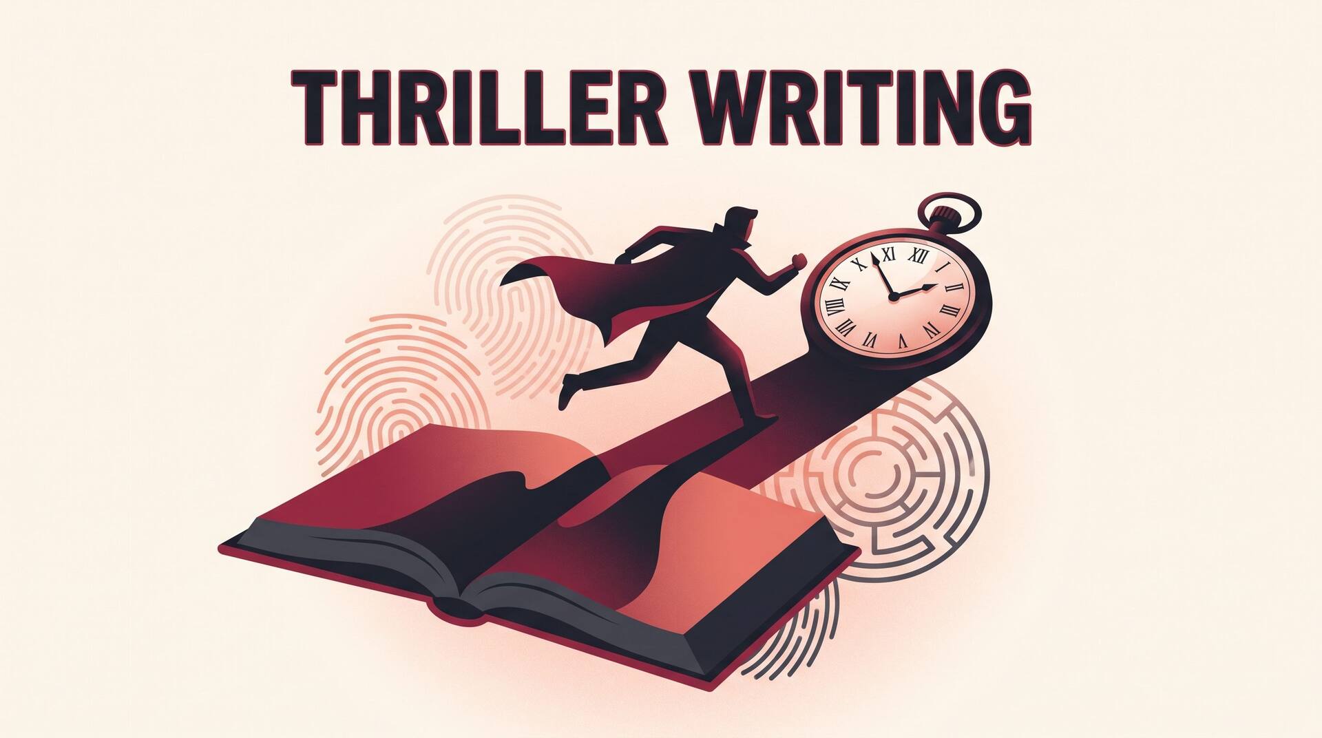 Thriller writing guide hero illustration with a running figure and a ticking pocket watch