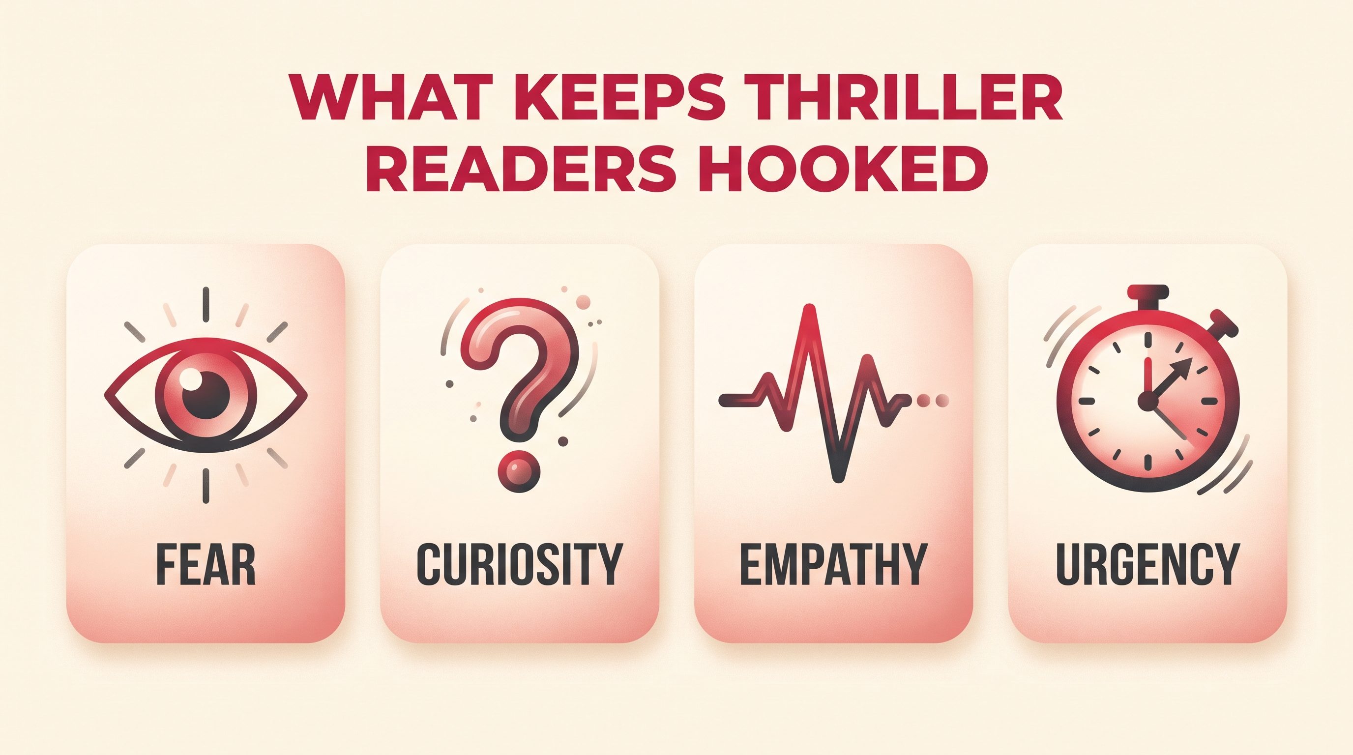 Infographic showing four drivers that keep thriller readers hooked: fear, curiosity, empathy, and urgency