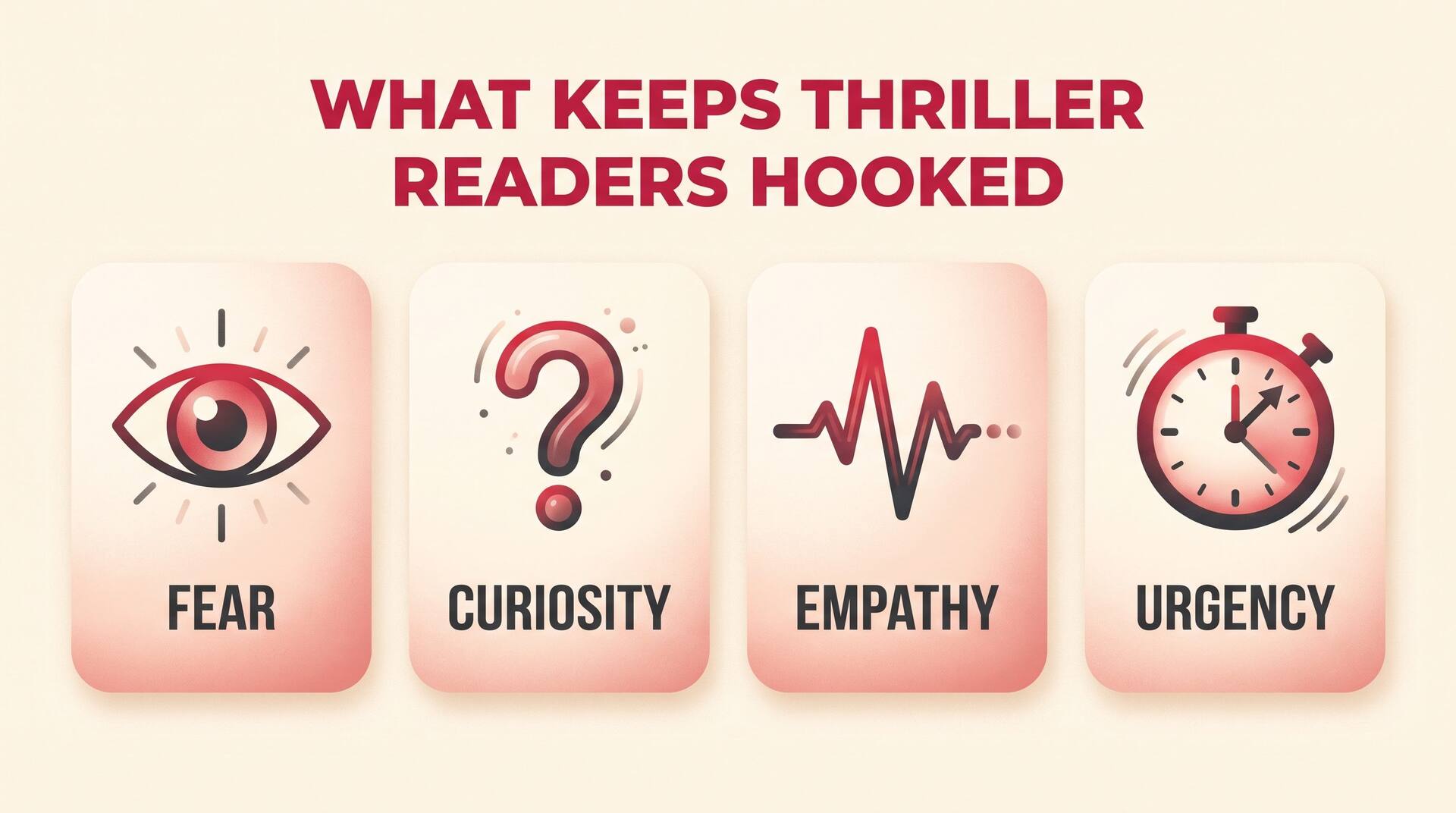 Infographic showing four drivers that keep thriller readers hooked: fear, curiosity, empathy, and urgency