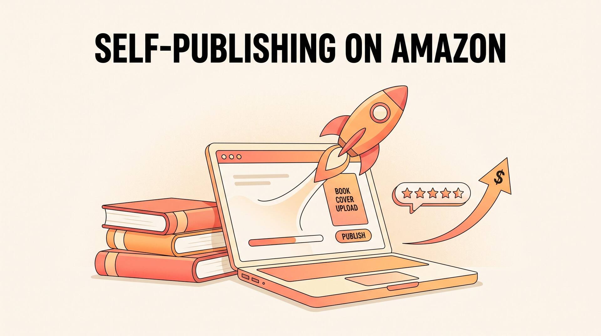 Self-publishing on Amazon illustration with a stack of books, a laptop, and a launching rocket