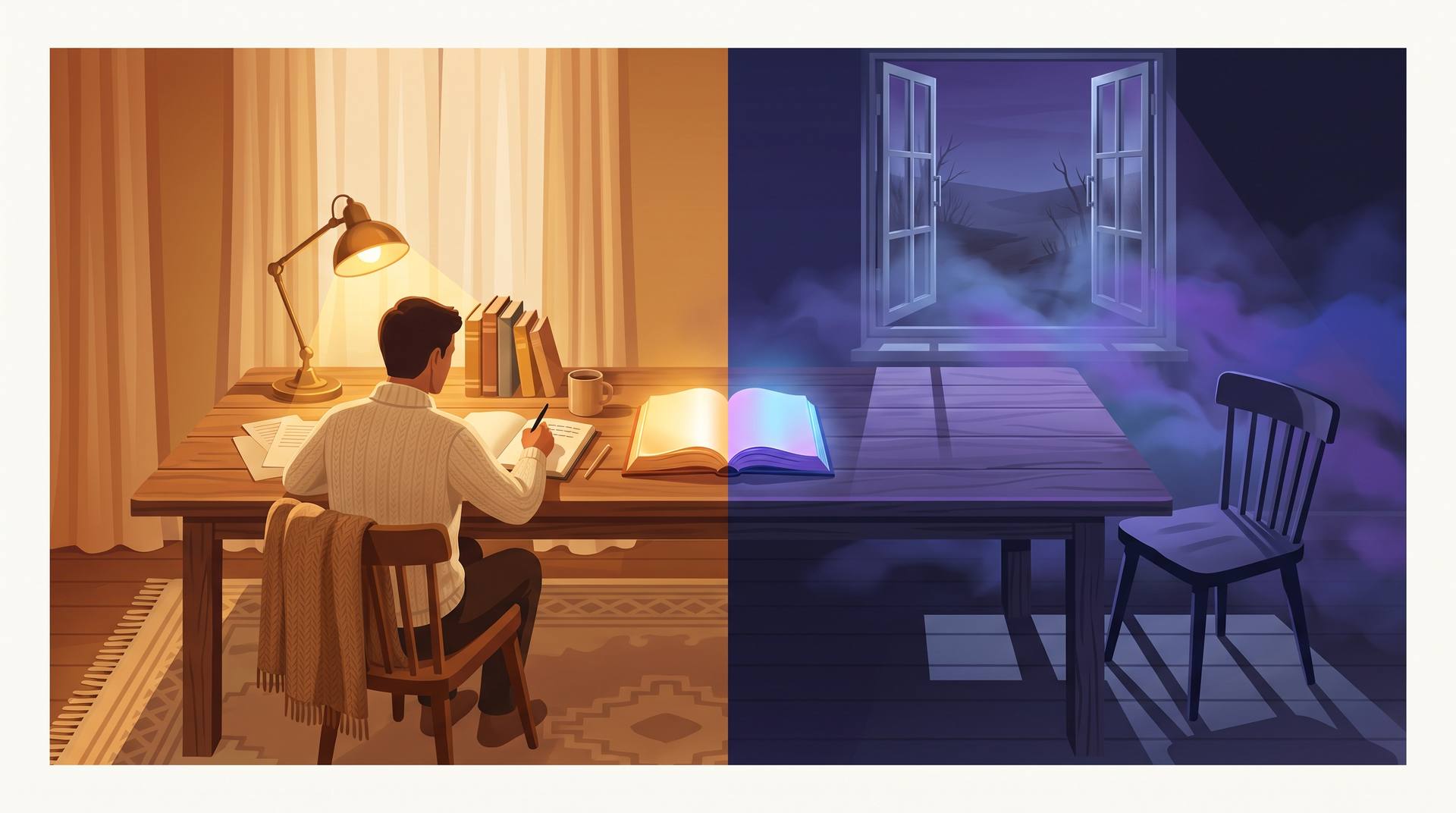 One room shown twice: warm lamplight on the left where a writer works, cold violet fog on the right where the reader sits