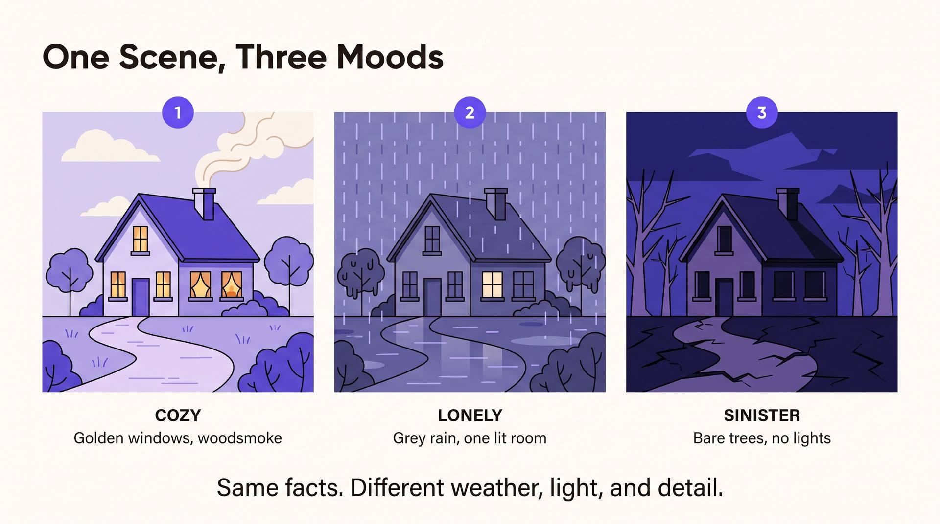 The same house at the end of a lane drawn three times: cozy with golden windows, lonely in grey rain, and sinister with bare trees and no lights