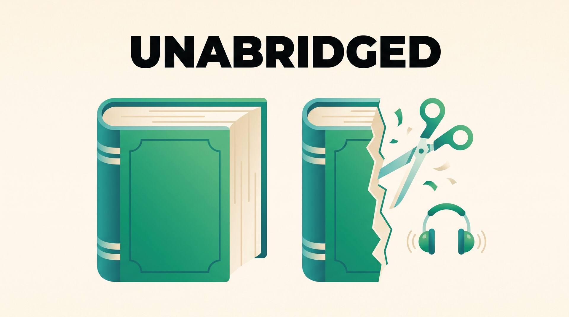 Unabridged book illustration comparing a complete book with a trimmed, cut-down edition
