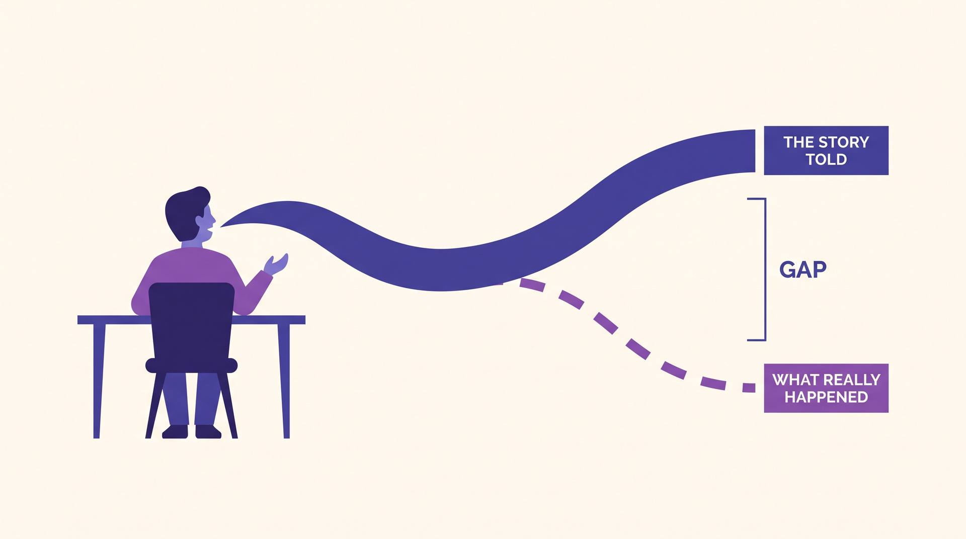 Illustration of a seated storyteller whose narration ribbon splits into a solid line labelled the story told and a dashed line labelled what really happened, with the distance between them marked gap
