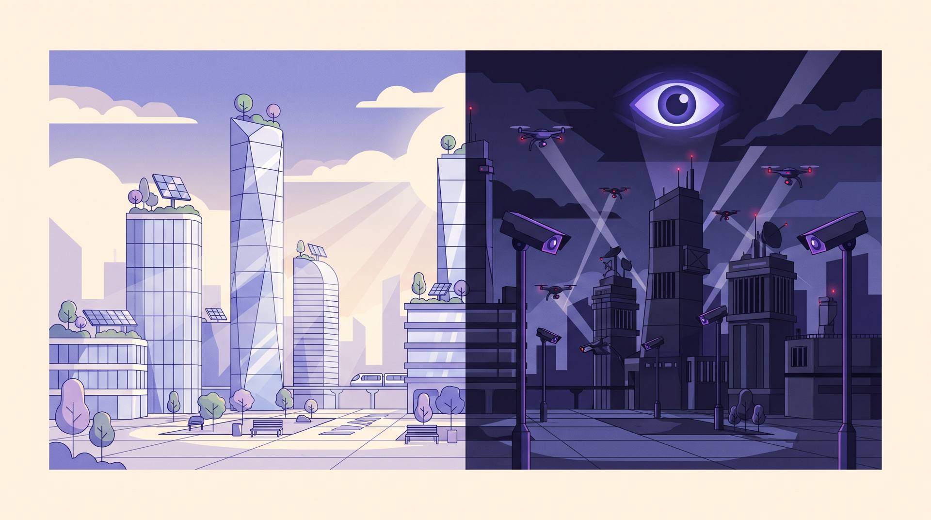 One city skyline split down the middle, the left half bright and green, the right half dark and watched by drones and searchlights