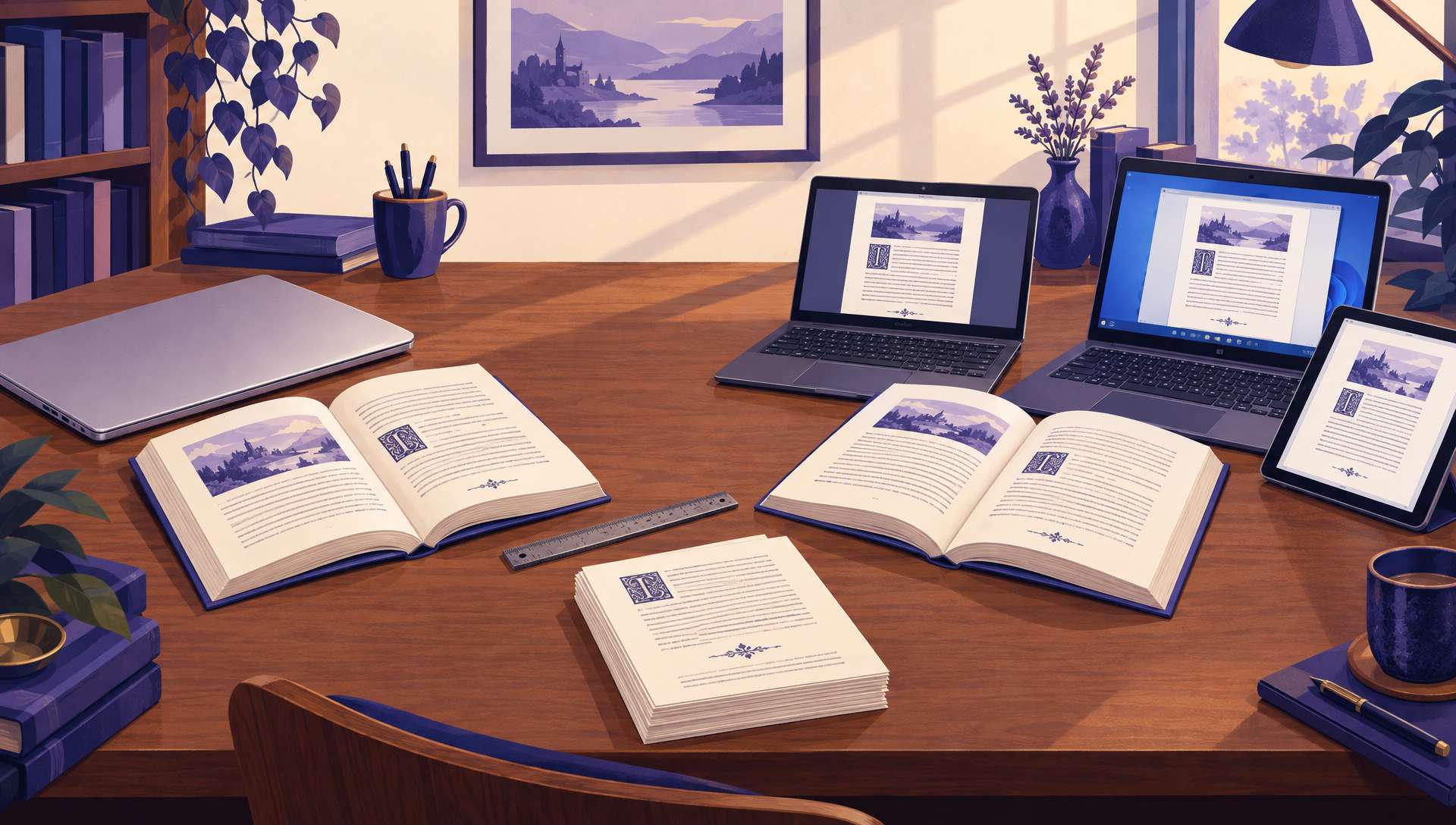 Two formatted paperbacks on a writing desk, one beside a closed laptop and one beside a Chromebook, a Windows laptop and a tablet showing the same page