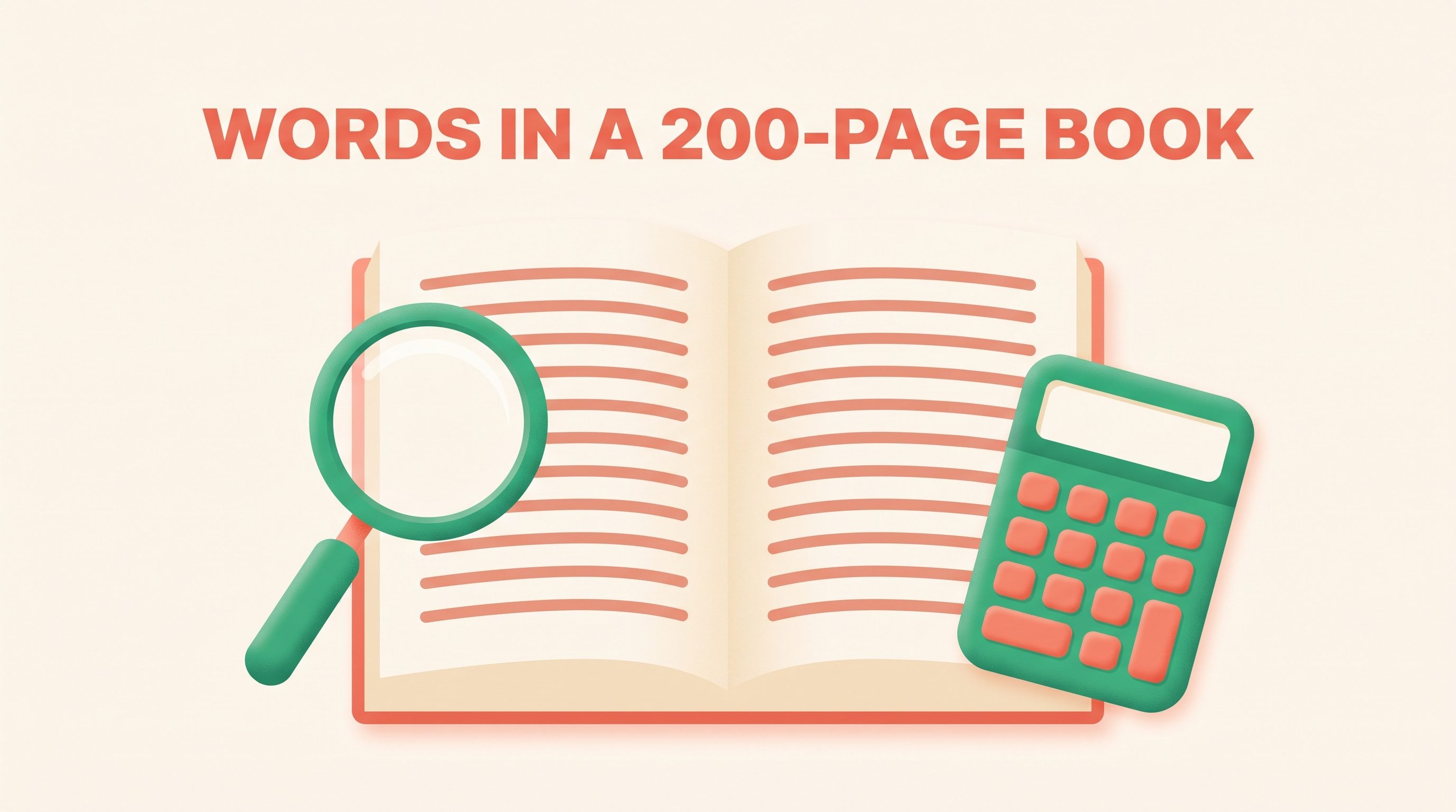 Illustration of an open book with a magnifying glass and a calculator representing book word count