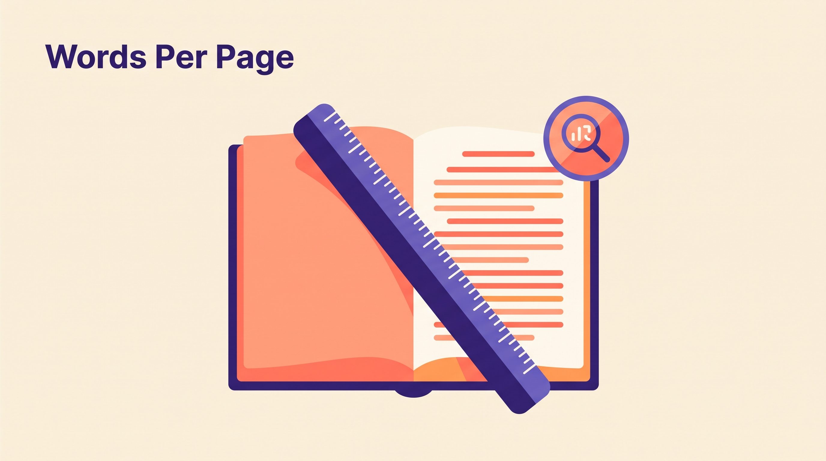 An open printed book with one page filled with lines of text and a ruler laid across it, labelled Words Per Page