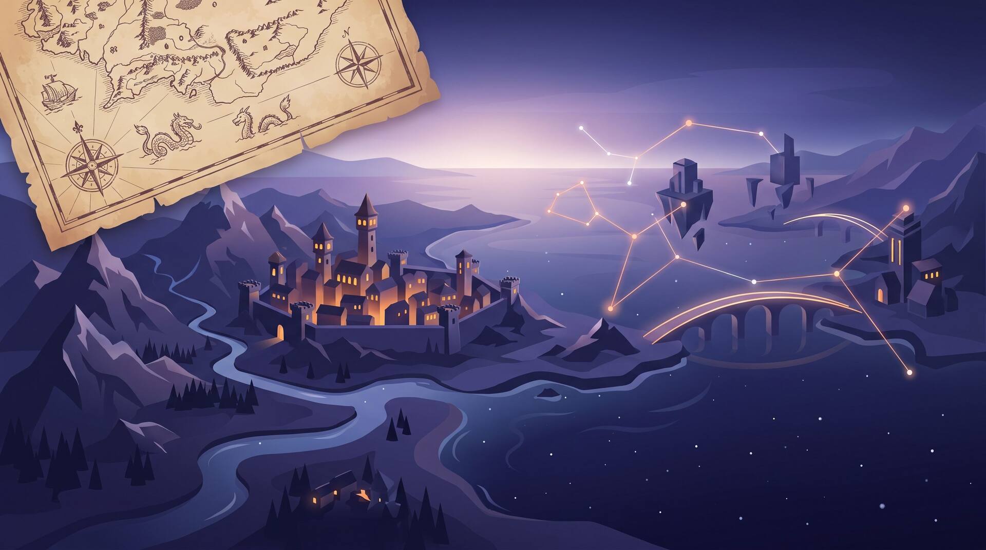 An aerial fantasy world map dissolving into living landscape, rendered in indigo and violet