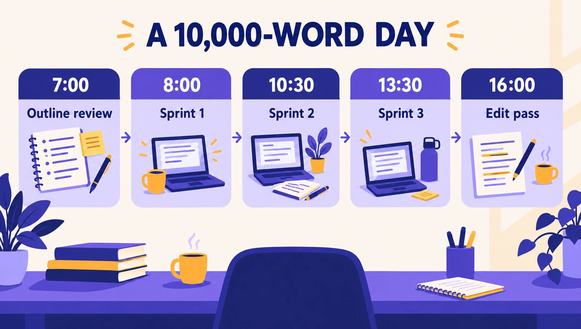 Timeline of a writing day: outline review at 7:00, three sprints at 8:00, 10:30 and 13:30, and an edit pass at 16:00