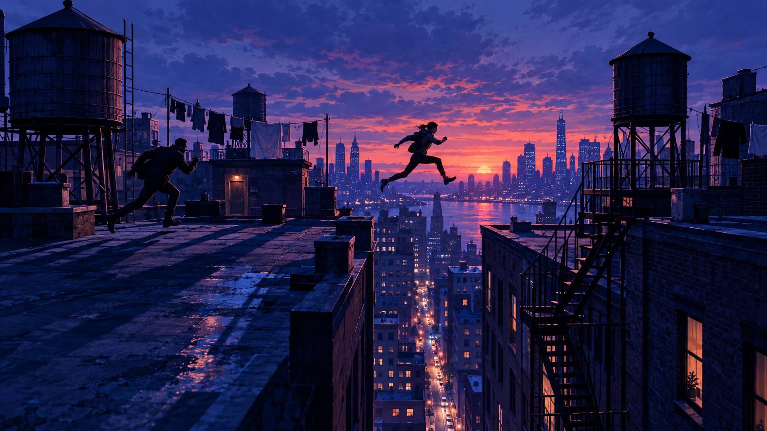 A rooftop chase at blue hour: one figure leaps the gap between two buildings while a pursuer runs behind, with water towers and a fire escape marking the space