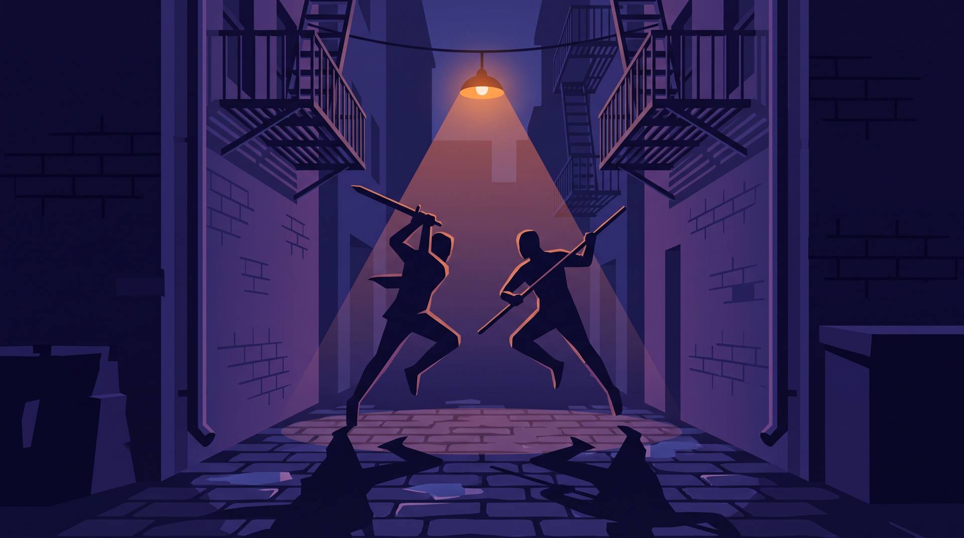 Two silhouetted figures mid-duel in a lamplit alley
