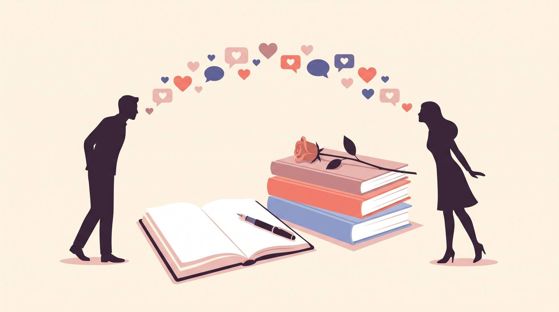 Illustration of two characters connected by floating hearts above a notebook and a stack of romance novels