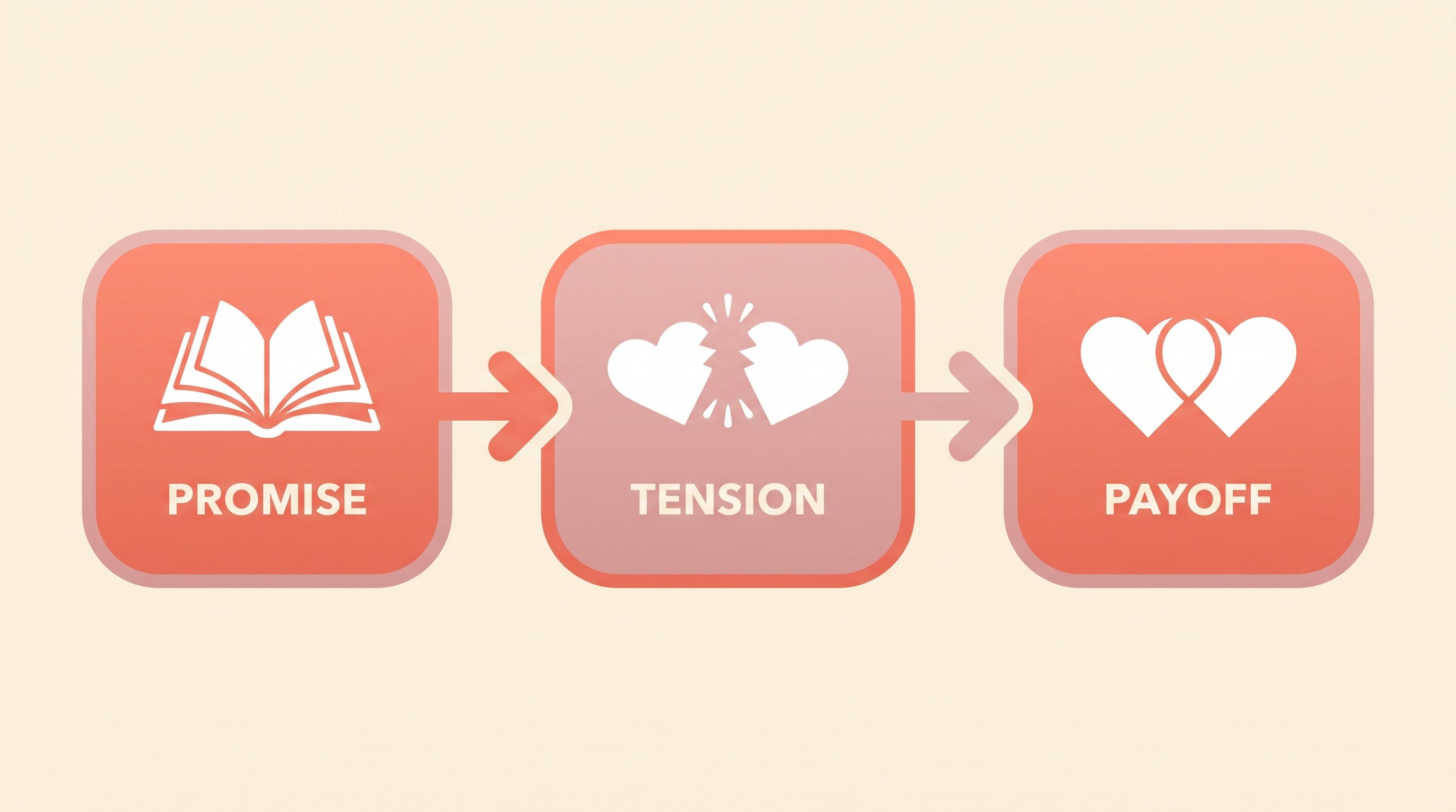 Diagram showing a romance trope working in three steps: promise, tension, payoff