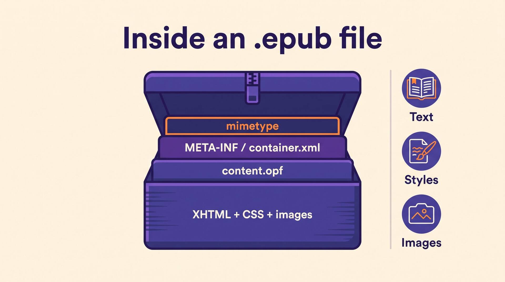 Diagram of the files inside an .epub archive: mimetype, META-INF/container.xml, content.opf, and the XHTML, CSS and image files