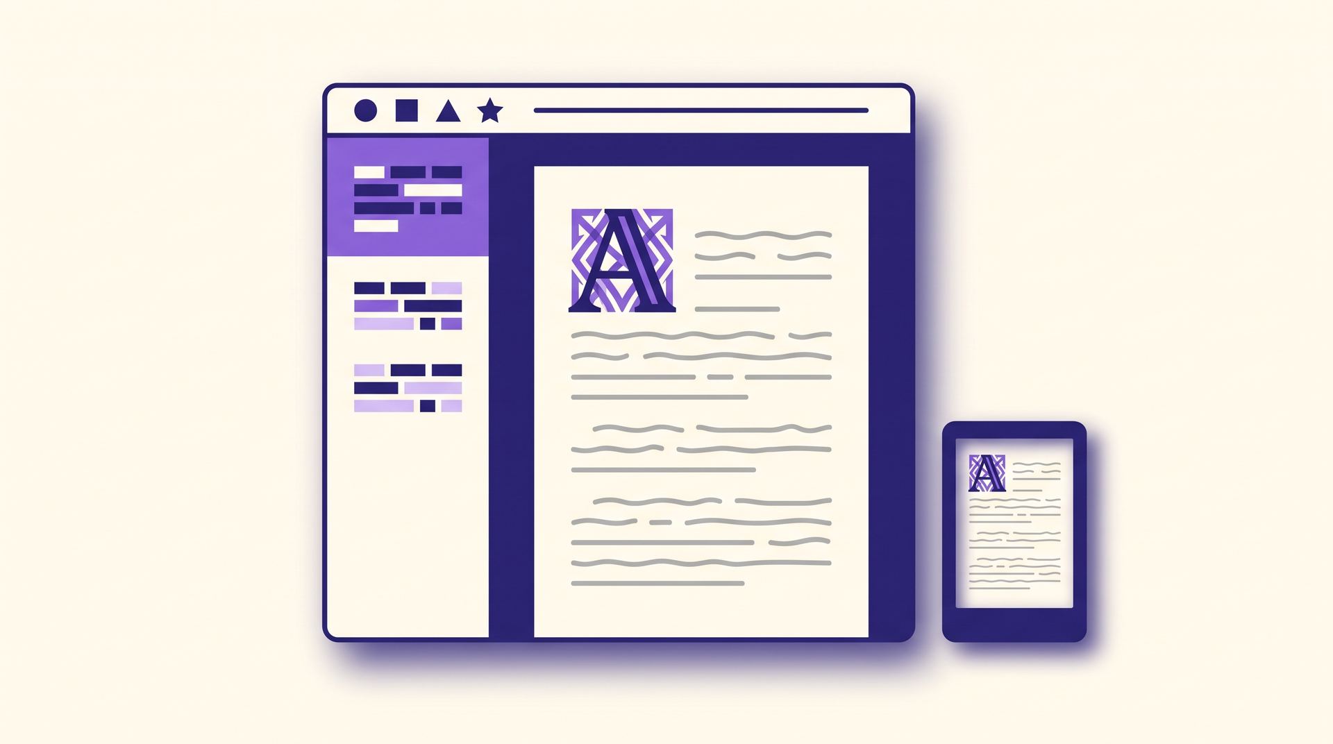 Illustration of a desktop formatting app showing a styled book page with a drop cap next to an e-reader preview