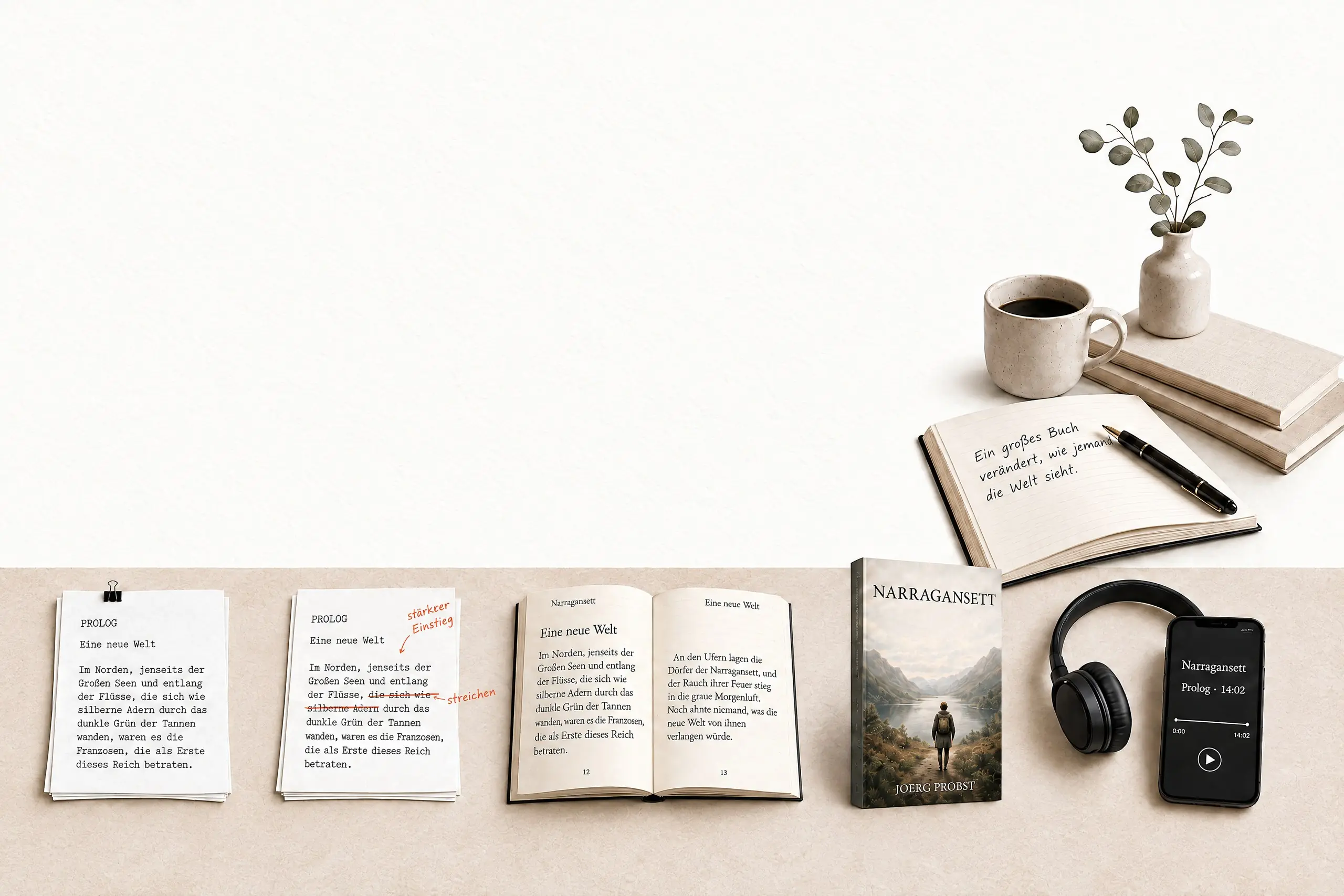 Ein Schreibtisch von oben fotografiert: ein Stapel Manuskripte, eine mit Orange markierte Seite, ein offenes gedrucktes Buch, ein fertiges Taschenbuch und ein Telefon, das ein Hörbuch abspielt, von links nach rechts auf dem Tisch angeordnet