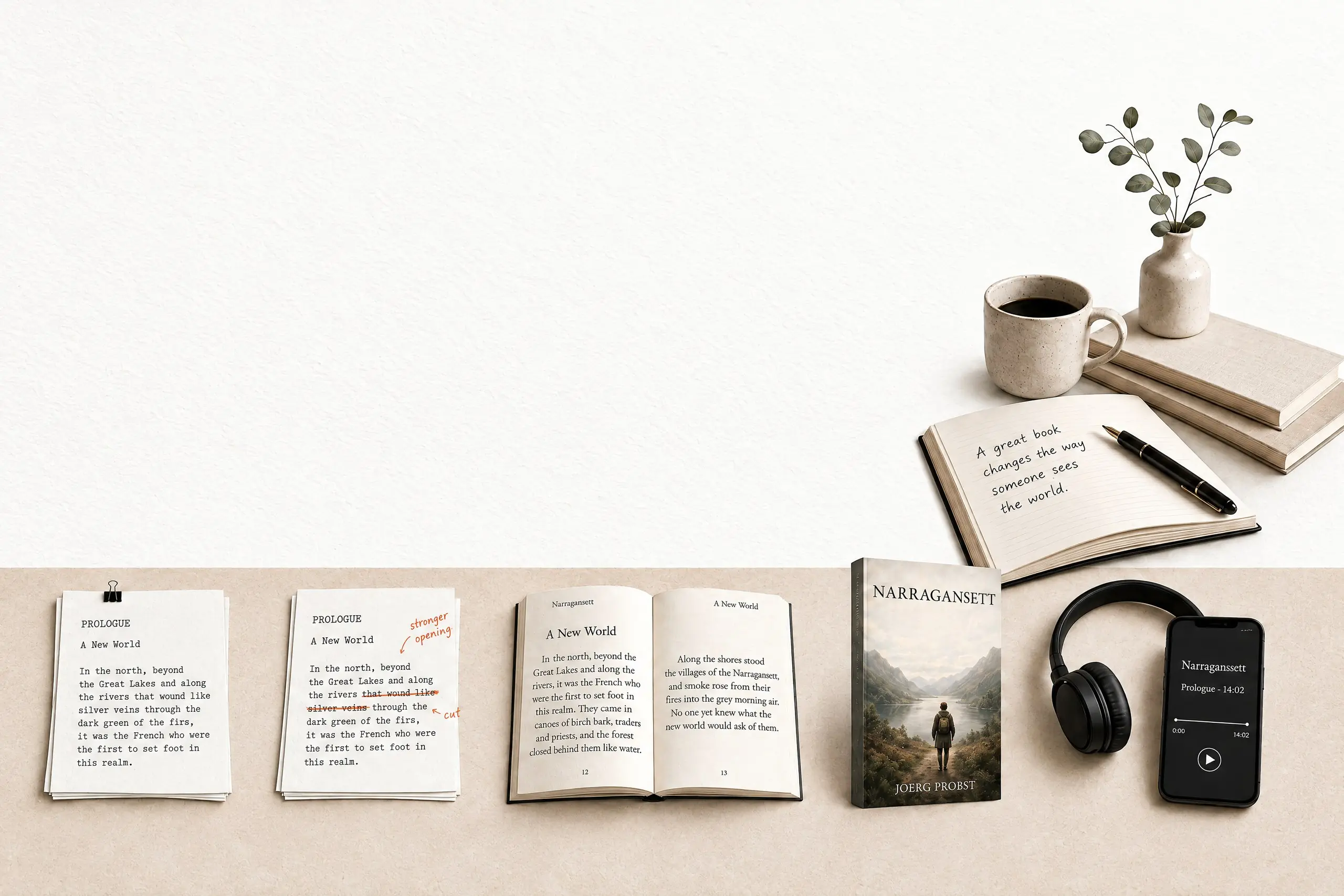 A writing desk photographed from above: a manuscript stack, a page marked up in orange, an open printed book, a finished paperback and a phone playing an audiobook, laid out left to right along the desk