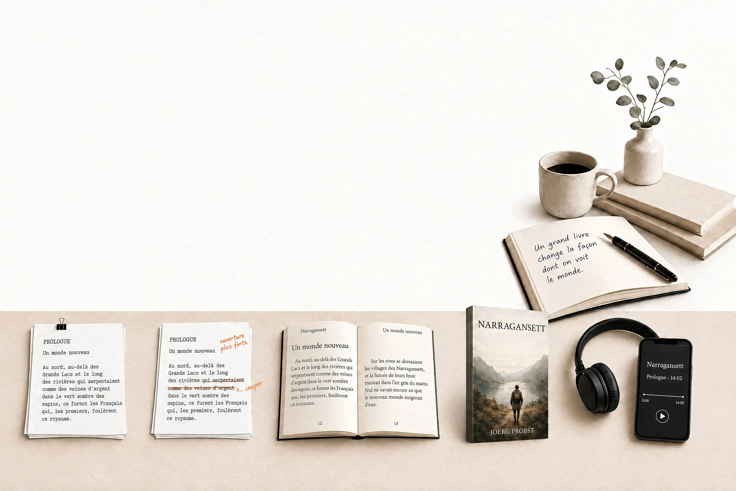Un bureau d'écriture photographié d'en haut : une pile de manuscrits, une page annotée en orange, un livre imprimé ouvert, un livre broché terminé et un téléphone diffusant un livre audio, disposés de gauche à droite sur le bureau