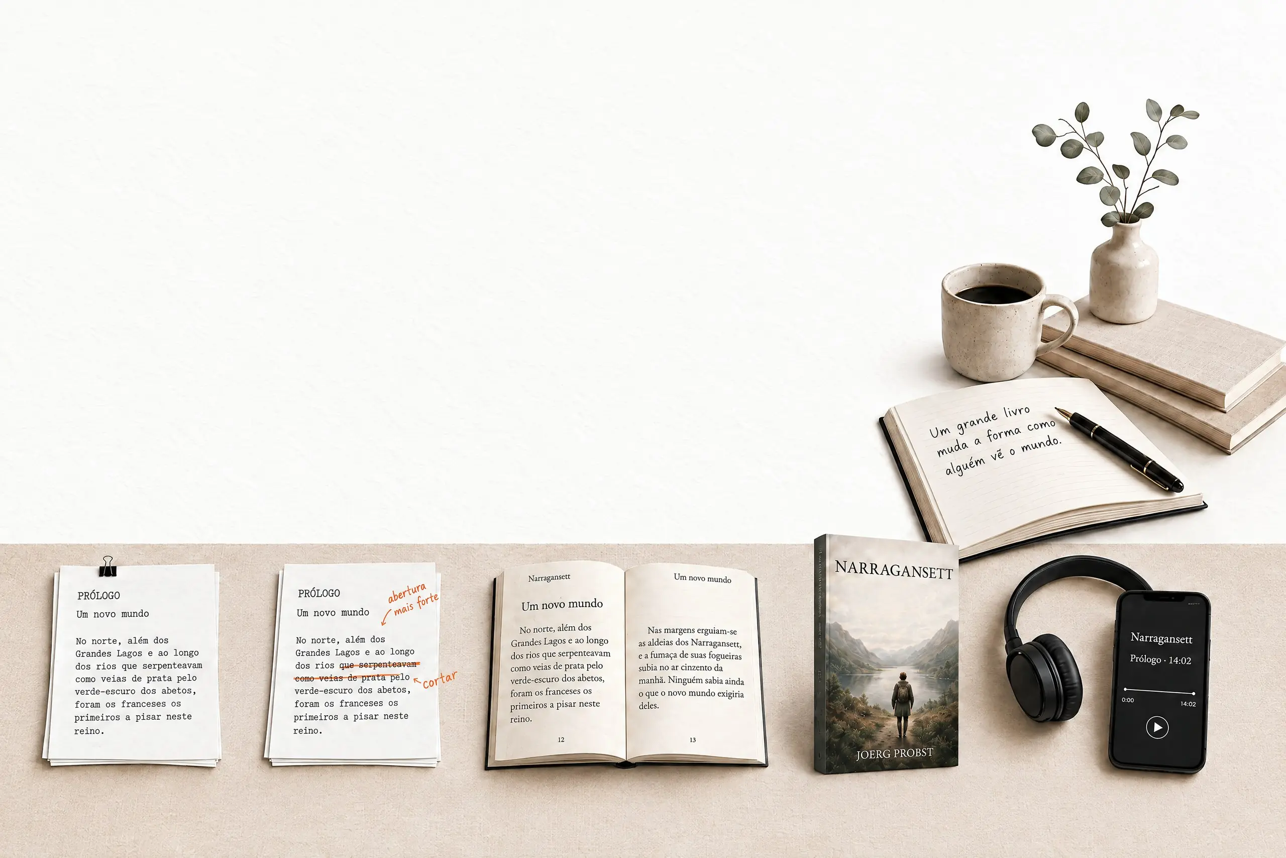 Uma mesa de escrita fotografada de cima: uma pilha de manuscritos, uma página marcada em laranja, um livro impresso aberto, um livro físico finalizado e um celular reproduzindo um audiobook, dispostos da esquerda para a direita ao longo da mesa